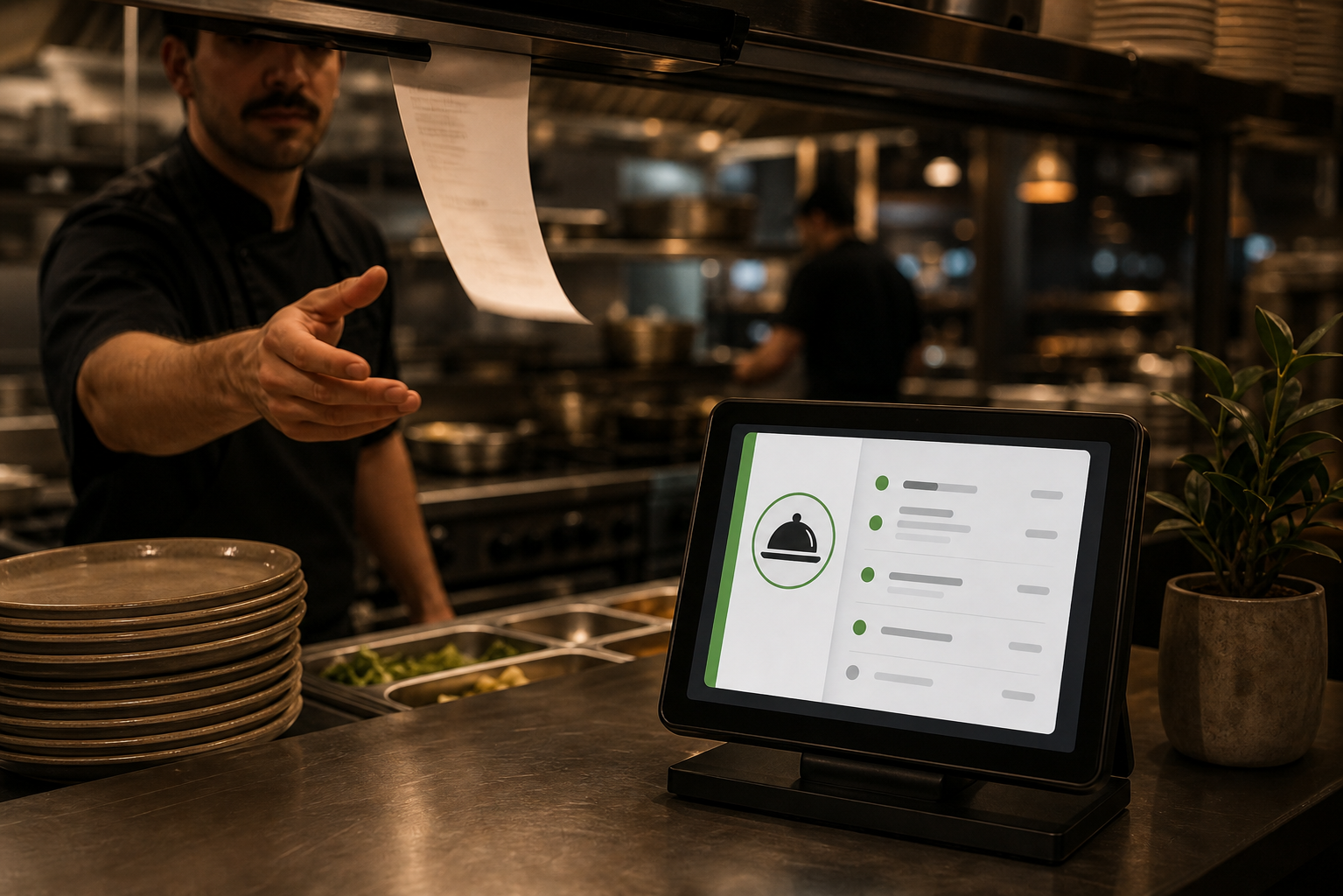A warm, realistic photograph of a restaurant kitchen pass during service, where a printed kitchen ticket is landing at the expo station and a cook is reaching for it. In the same frame, a point-of-sale tablet glows on the counter showing an order coming through. The mood conveys smooth, direct order flow and captured revenue: calm, organized, profitable service. Soft warm interior lighting, shallow depth of field, no text, no words, no letters, no numbers anywhere in the image.