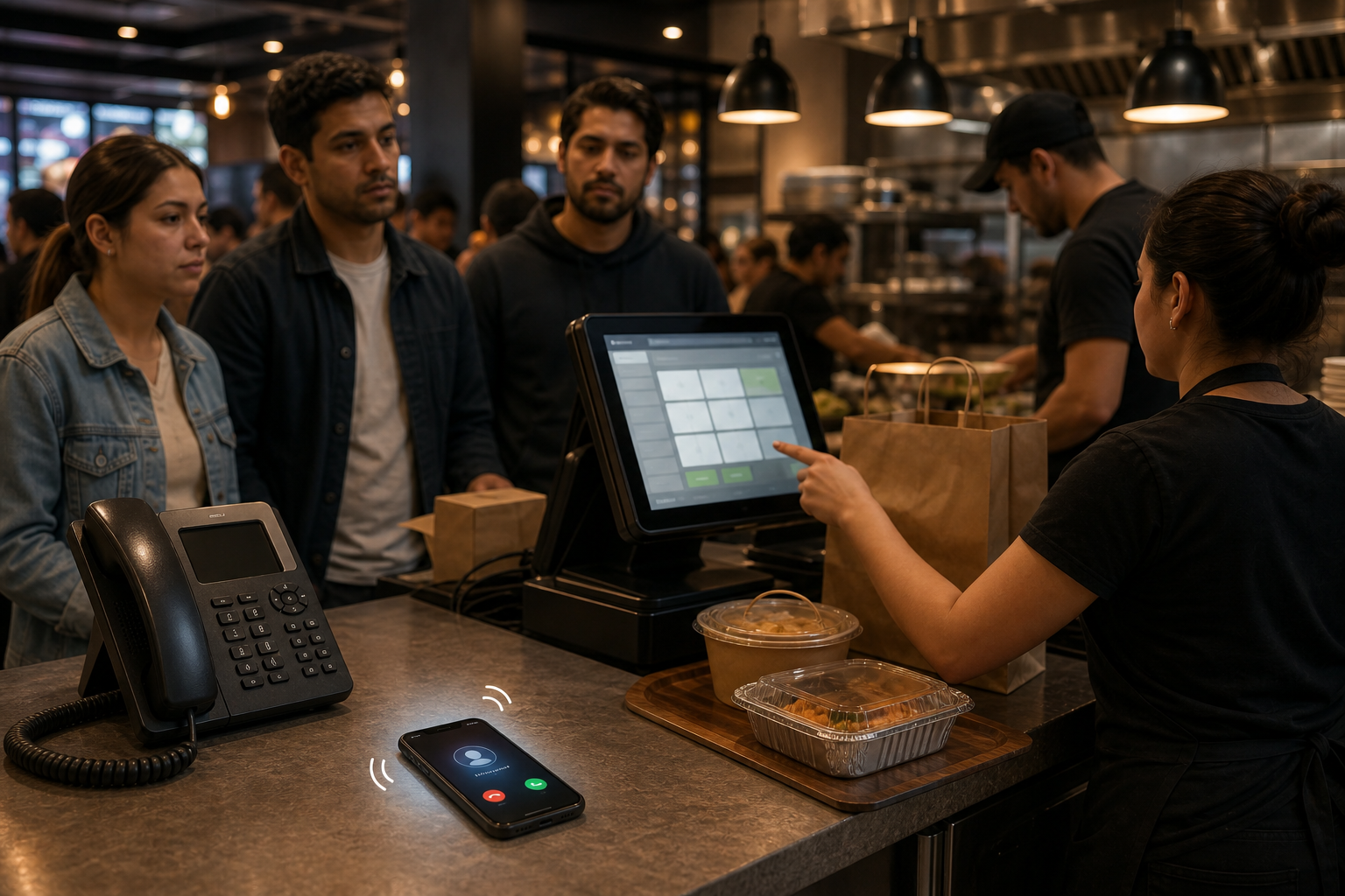 A busy restaurant counter during peak Friday evening service, viewed from behind the counter. Three customers waiting in line at a checkout terminal, staff members focused on ringing up orders and handling food. In the foreground, a phone sits on the counter glowing and ringing with an incoming call, unanswered, as staff are occupied. Warm interior lighting, realistic photographic style, sense of controlled chaos and busyness, no text or letters anywhere.