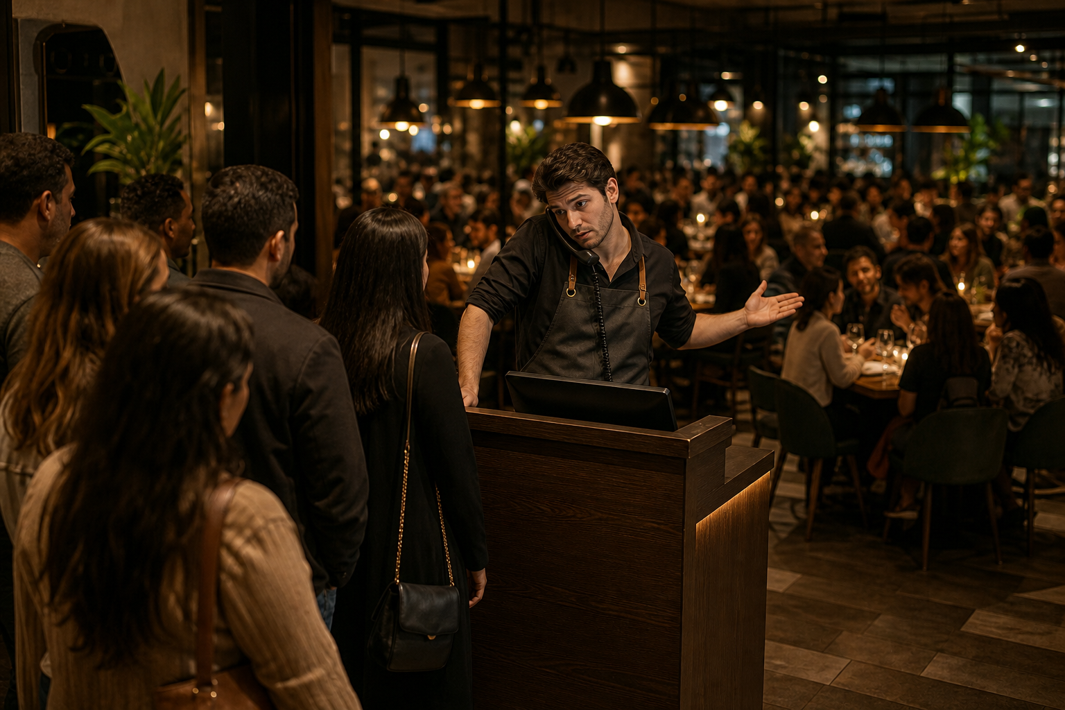 A busy upscale restaurant host stand during a Friday night dinner rush. A stressed host in a dark apron stands behind the podium juggling a ringing phone against their shoulder while gesturing toward a full dining room. Several groups of guests wait in a line to be seated in the foreground. Warm ambient lighting, softly blurred background of a packed dining room with tables and diners, cinematic depth of field, photorealistic, no text or letters anywhere in the image.