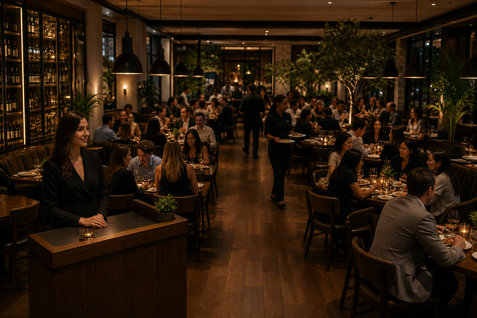 A calm, fully seated upscale restaurant dining room during a busy evening service, viewed from a slightly elevated angle. Every table is occupied with happy diners enjoying meals, servers moving smoothly between tables carrying plates. A relaxed host stands at the podium in the foreground, no phone in hand, calmly overseeing a full and thriving room. Warm golden ambient lighting, cinematic depth of field, photorealistic, sense of a full house and steady flow. No text or letters anywhere in the image.