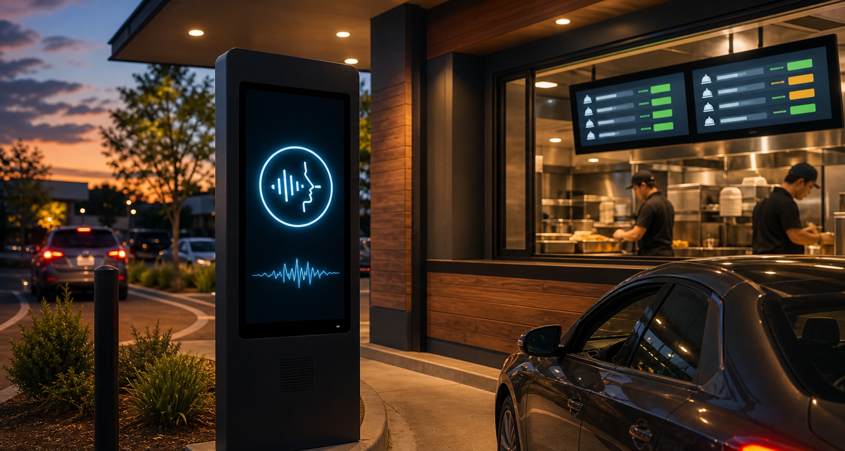 A modern fast-food restaurant drive-thru lane at dusk, with a sleek digital ordering kiosk screen glowing with an AI voice interface waveform. In the background, a kitchen with staff and a bright kitchen display system showing orders. Clean, professional editorial illustration style with a warm color palette of oranges and blues. Wide horizontal composition, no text or logos.