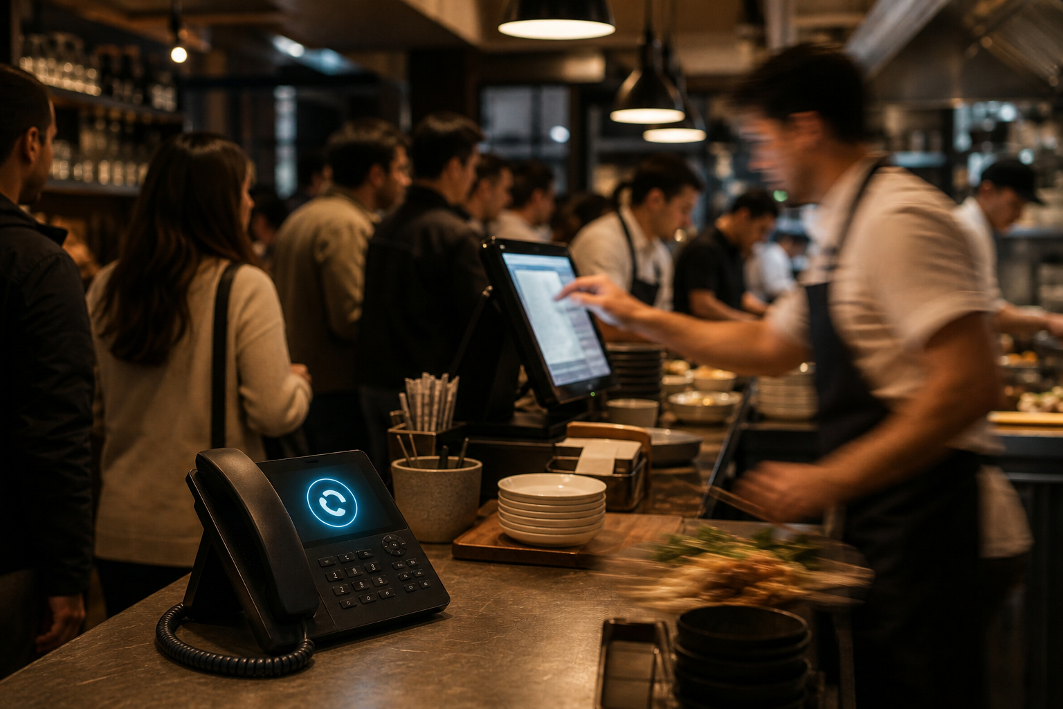 A busy restaurant counter during a dinner rush, warm interior lighting, staff in aprons hurrying behind the counter serving customers, a phone sitting on the counter unattended and glowing as it rings, blurred motion of hands working a point-of-sale terminal, several customers waiting in line, cinematic shallow depth of field, realistic photographic style, no text or letters anywhere in the image