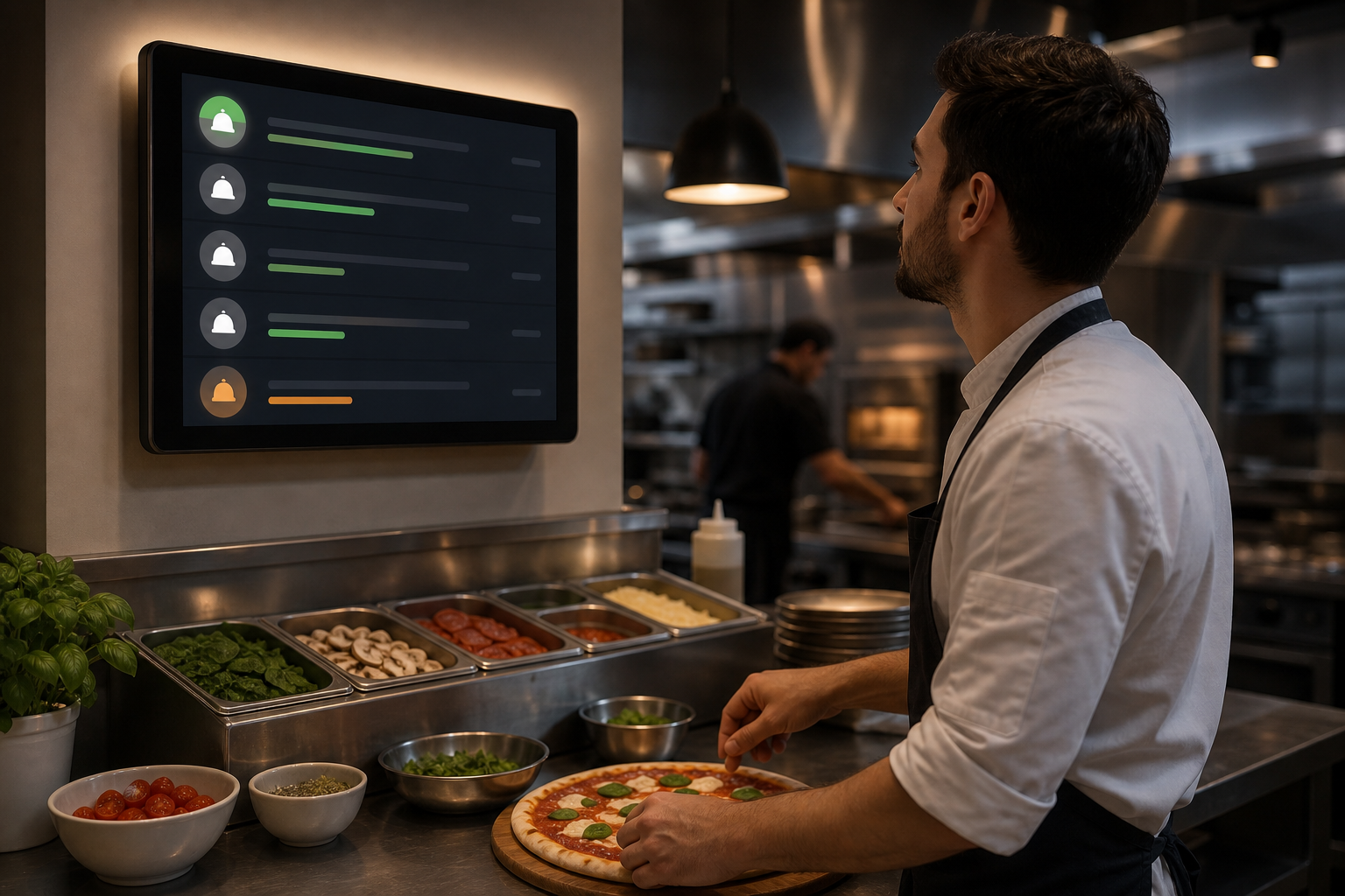 A modern restaurant kitchen scene showing a digital kitchen display screen mounted above a prep station glowing softly, a chef in a clean apron reading an incoming order ticket on the screen, fresh pizza ingredients and prep bowls arranged on a stainless steel counter, warm ambient kitchen lighting, subtle motion of hands assembling a pizza, cinematic shallow depth of field, realistic photographic style, no text or letters or numbers anywhere in the image