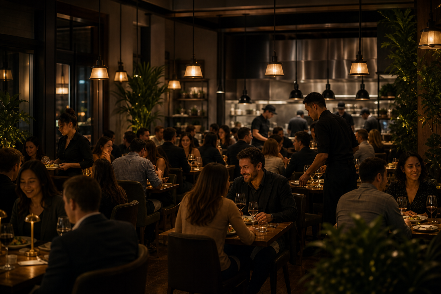 A warm, cinematic photorealistic editorial photograph of a fully booked, bustling upscale restaurant dining room during a busy evening service. Every table is occupied with happy diners enjoying meals, servers moving smoothly between tables, ambient golden lighting, sense of a thriving, at-capacity venue running efficiently. Editorial hospitality photography style, shallow depth of field, no text, no words, no letters.