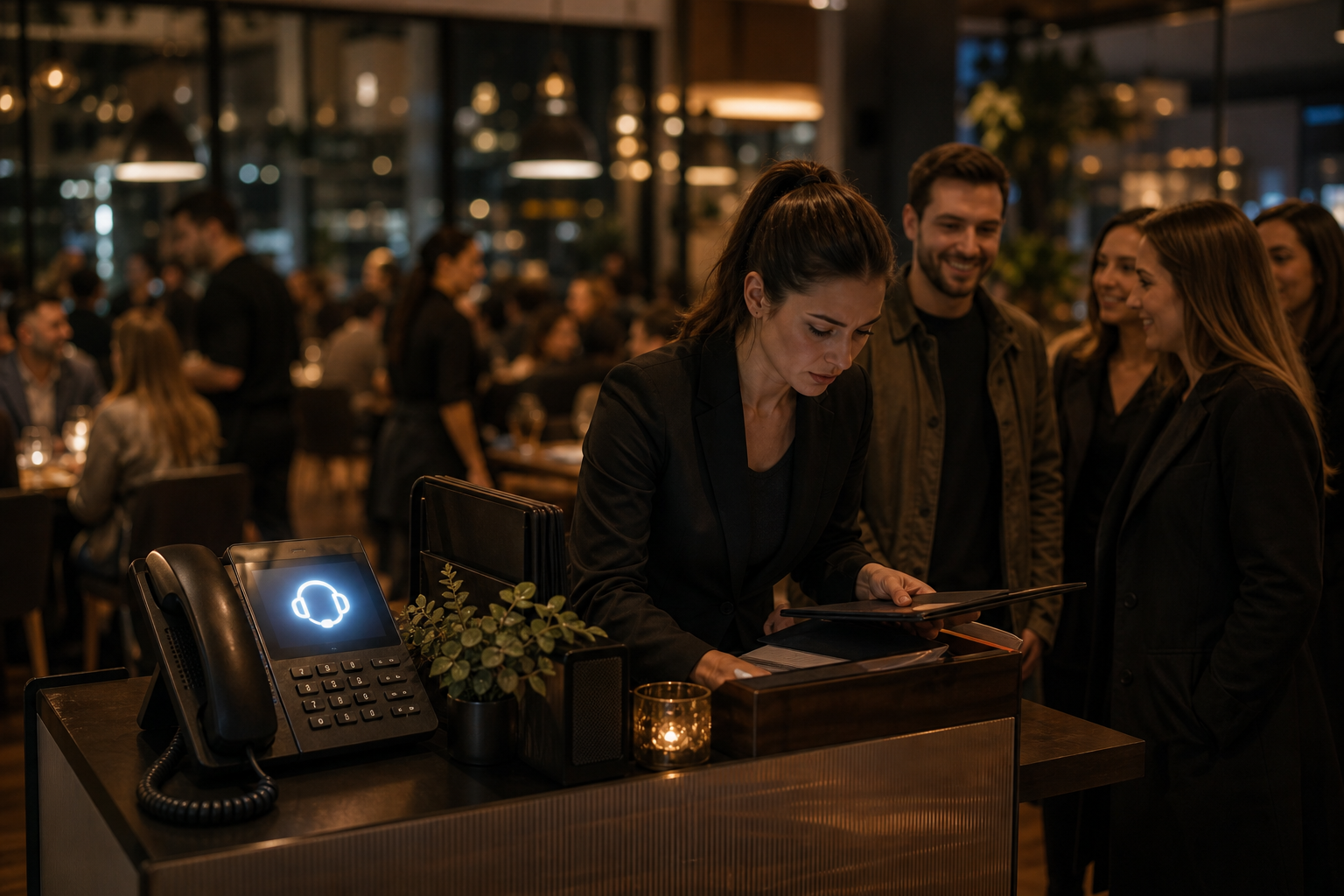 A busy upscale restaurant host stand during a Saturday night dinner rush, viewed from a warm cinematic angle. A stressed host in professional attire is seating a group of guests while a telephone at the host station glows softly, unanswered. Warm ambient lighting, blurred diners in the background, sense of controlled chaos and energy. Photorealistic, editorial hospitality photography style, no text.