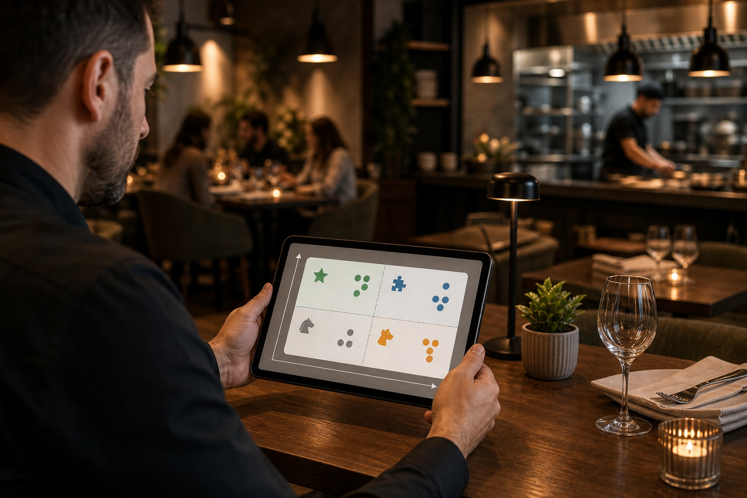 A restaurant manager reviewing a menu engineering matrix on a tablet, showing a four-quadrant chart with Stars, Plowhorses, Puzzles, and Dogs categories, with a restaurant dining room in the background. Clean, professional, warm lighting.