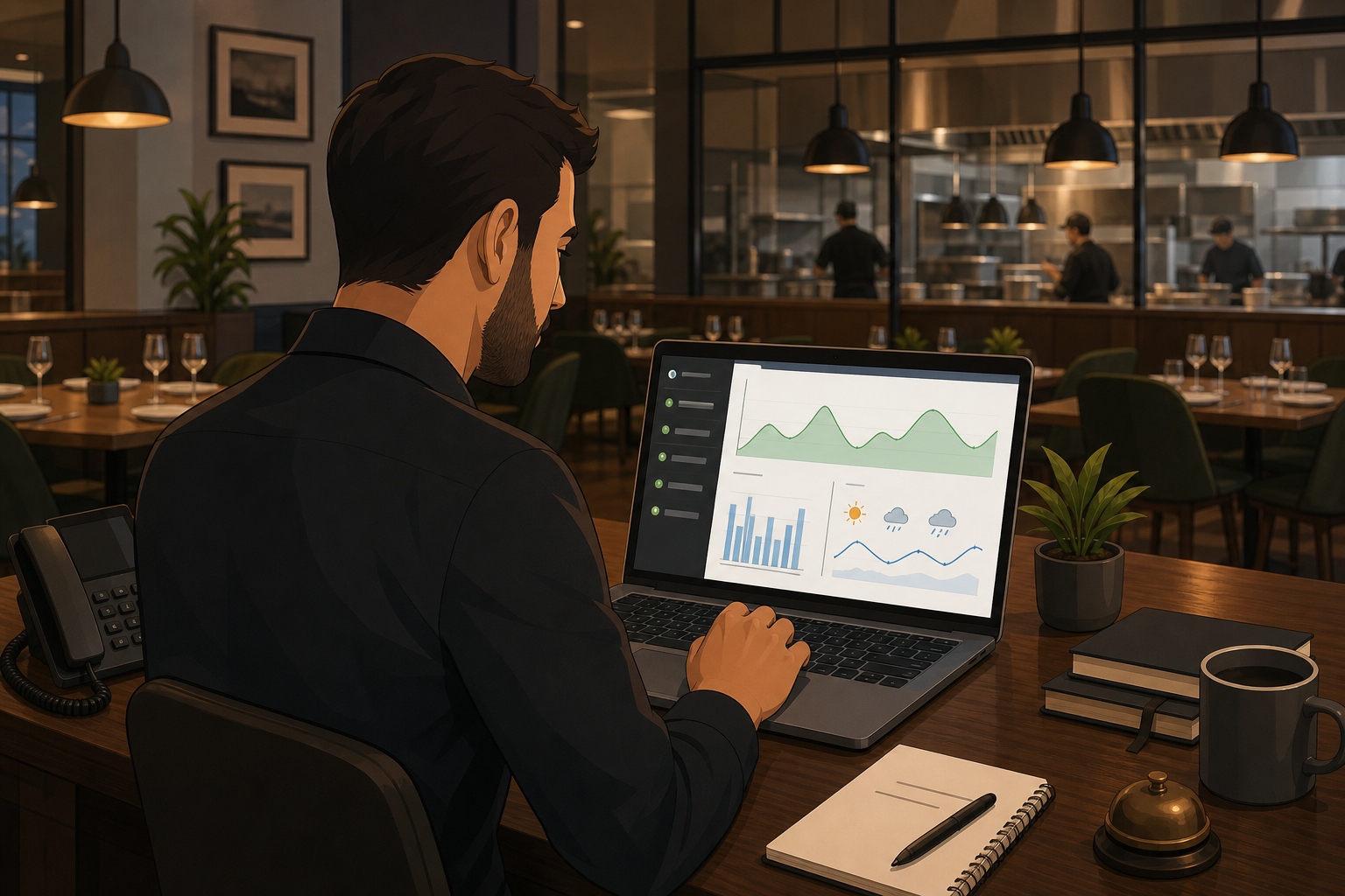 A restaurant manager at a modern back-office desk reviewing AI-powered demand forecasting charts on a laptop screen, showing graphs of staffing levels, sales patterns, and weather overlays. Warm restaurant ambiance in the background, professional and clean illustration style.