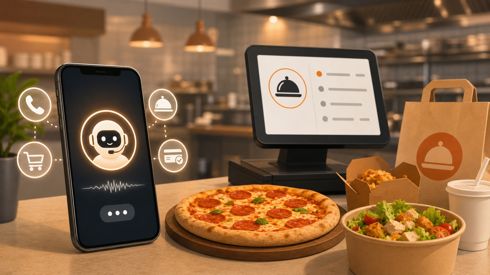 A modern flat-style illustration of a restaurant AI phone ordering system: a smartphone with a glowing AI chat interface, a pizza and food items on a counter, a POS screen in the background showing an order being processed, warm restaurant lighting with orange and white tones, clean professional design, 16:9 aspect ratio