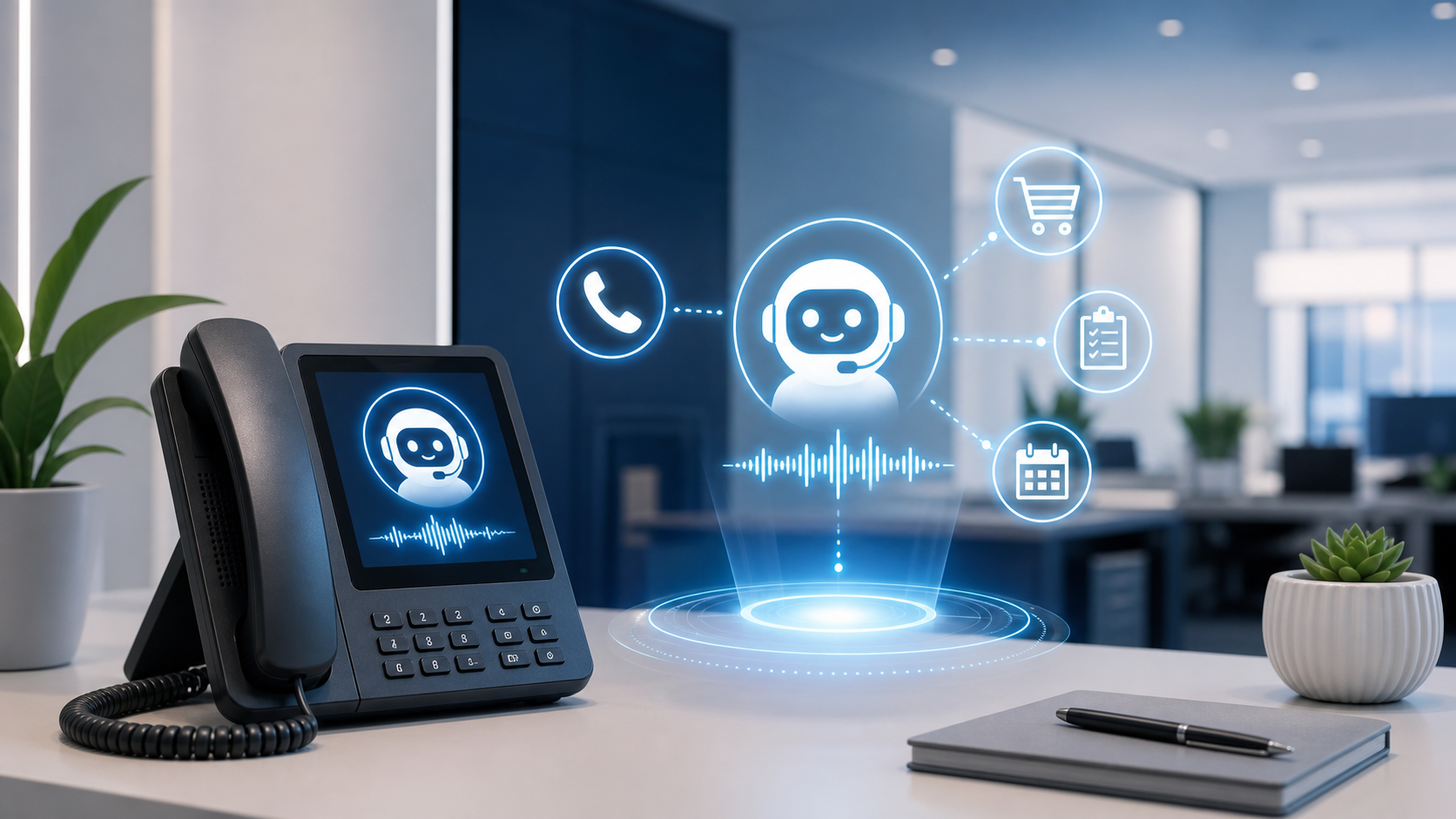 A sleek, modern illustration of an AI virtual receptionist concept: a glowing holographic phone interface with speech waveforms and a friendly robot face on a screen, professional office background with soft blue and white lighting, clean flat-style design, 16:9 aspect ratio