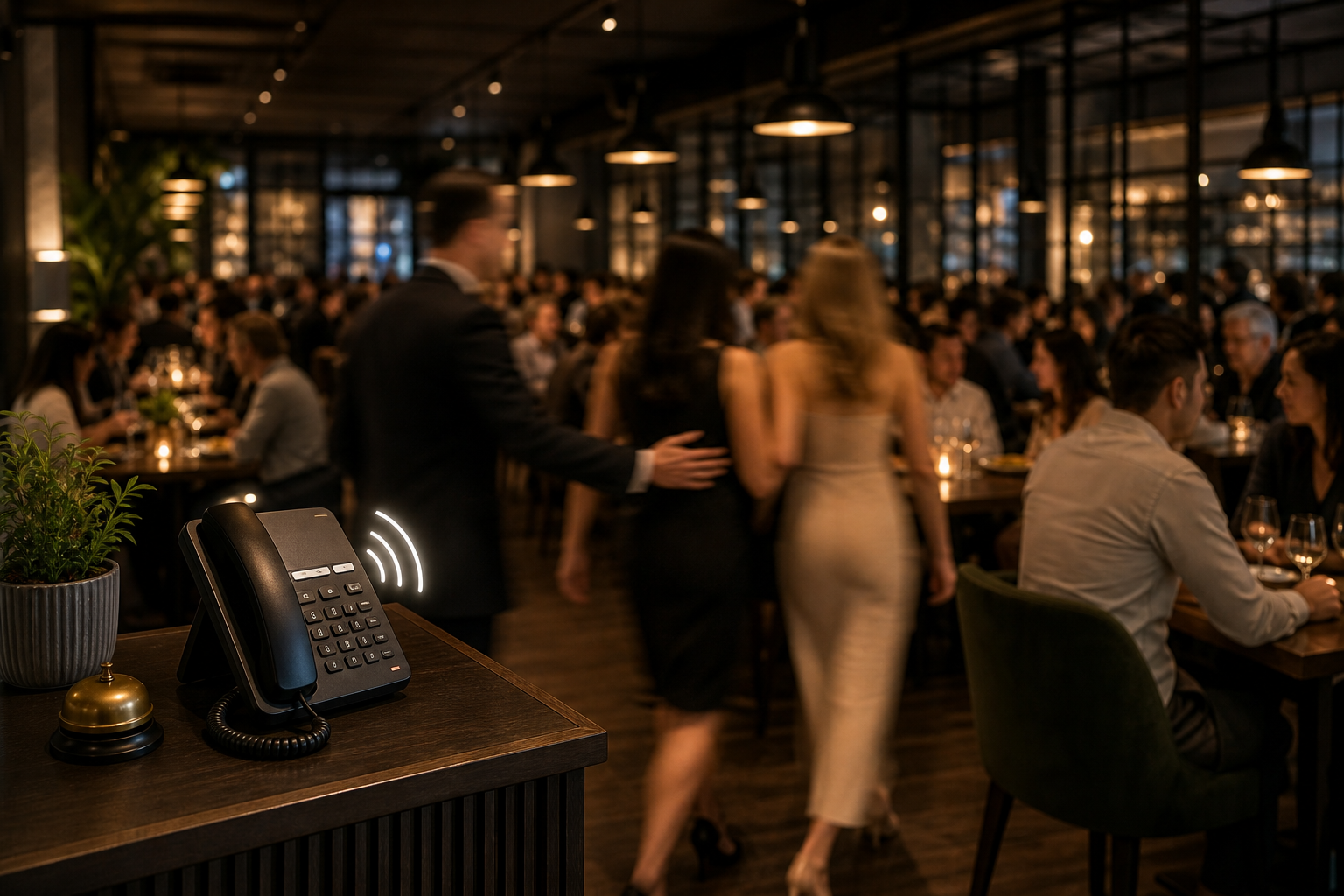 A busy upscale restaurant during peak Saturday dinner service, warm ambient lighting, host stand in the foreground with a ringing landline phone glowing, a blurred host walking a group of guests to a table in the background, tables full of diners, sense of controlled chaos and motion blur conveying a hectic rush, cinematic photographic style, no text or letters anywhere