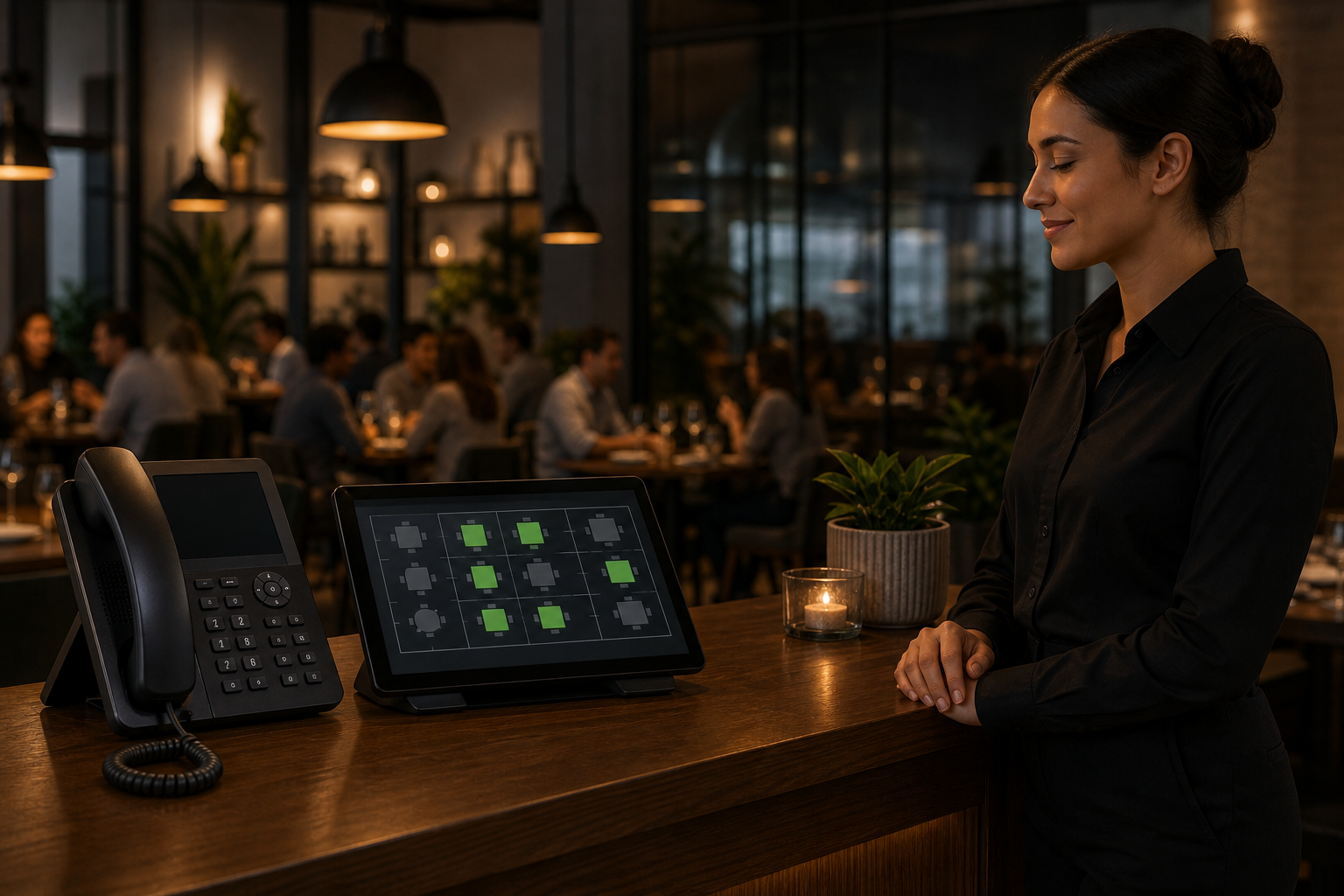 A calm restaurant host stand during service, a sleek modern phone handset resting in its cradle next to a tablet displaying a clean digital reservation grid with softly glowing available time slots, warm ambient restaurant lighting in the background with blurred filled dining tables, a relaxed host standing composed and unhurried, conveying a smooth automated booking flow from phone call to confirmed table, cinematic photographic style, no text or letters or numbers anywhere