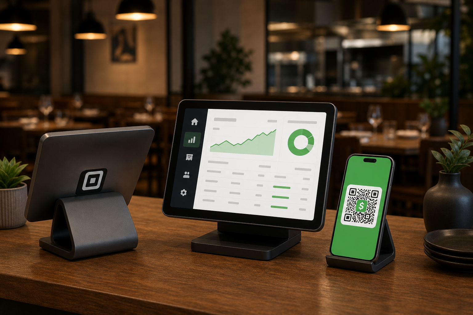 A clean, modern flat-style illustration showing a Square POS terminal on a restaurant counter with a tablet displaying a sales dashboard, alongside a smartphone showing a QR code payment screen for Cash App Pay. Warm restaurant lighting in the background, minimal and professional style.