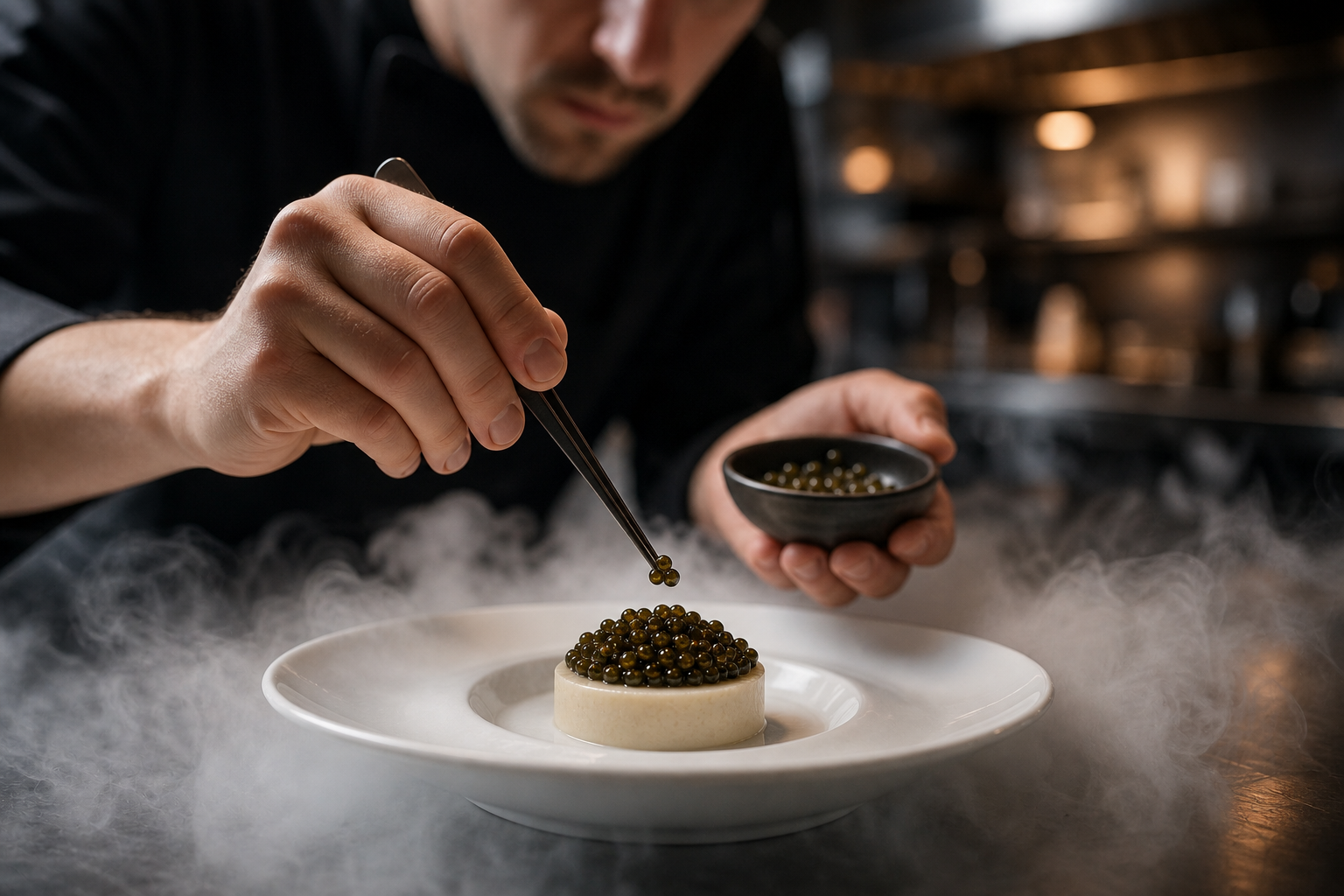 A dramatic close-up of a chef's hands carefully placing delicate caviar-like spheres onto an elegant white plate using tweezers, with swirling liquid nitrogen mist in the background, moody restaurant kitchen lighting, photorealistic food photography style