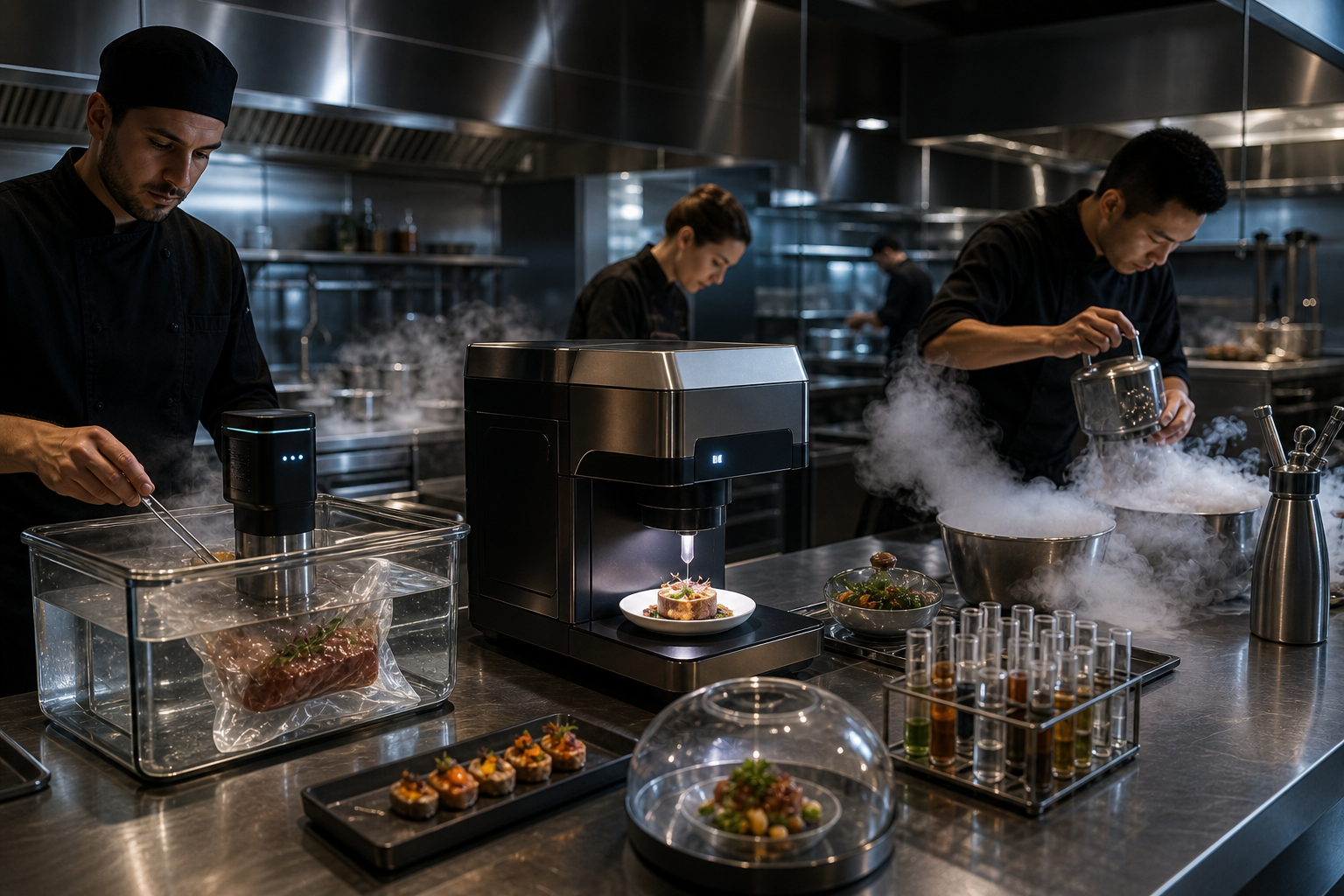 A futuristic restaurant kitchen with chefs using molecular gastronomy techniques — sous-vide water baths, liquid nitrogen clouds, and 3D food printing equipment on stainless steel counters, dramatic cinematic lighting, photorealistic food photography style