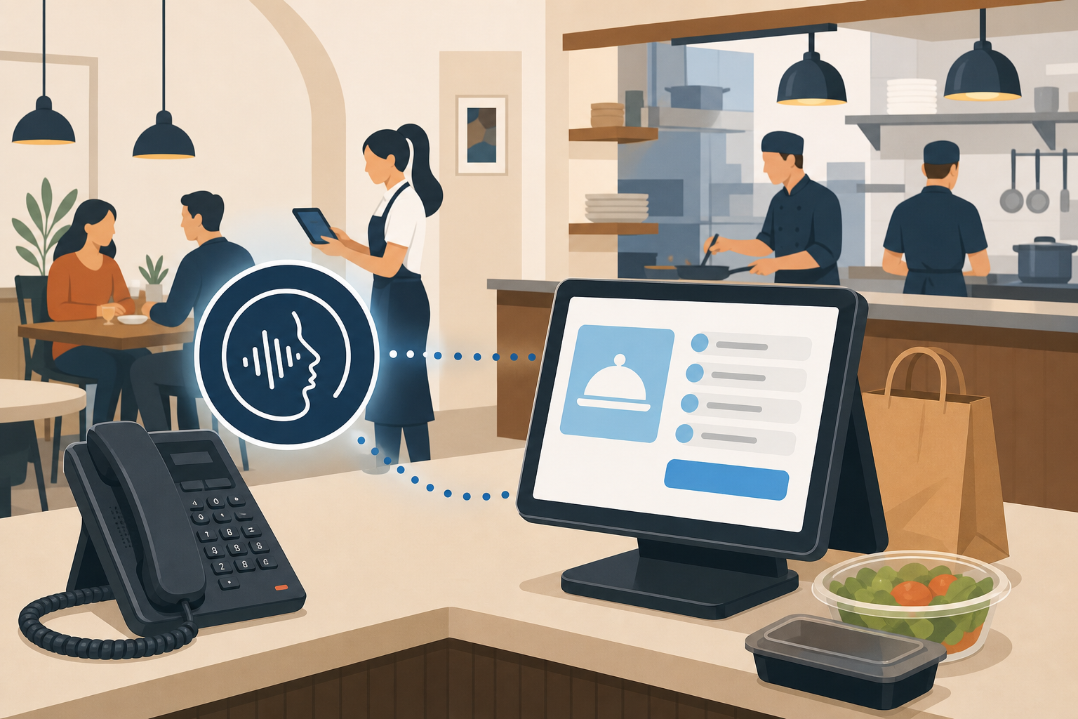A modern flat-style illustration of a restaurant kitchen and front-of-house scene, with a voice AI phone agent icon connecting to a POS terminal screen showing an incoming order. Clean lines, warm restaurant tones with soft blues and whites, professional and approachable feel.