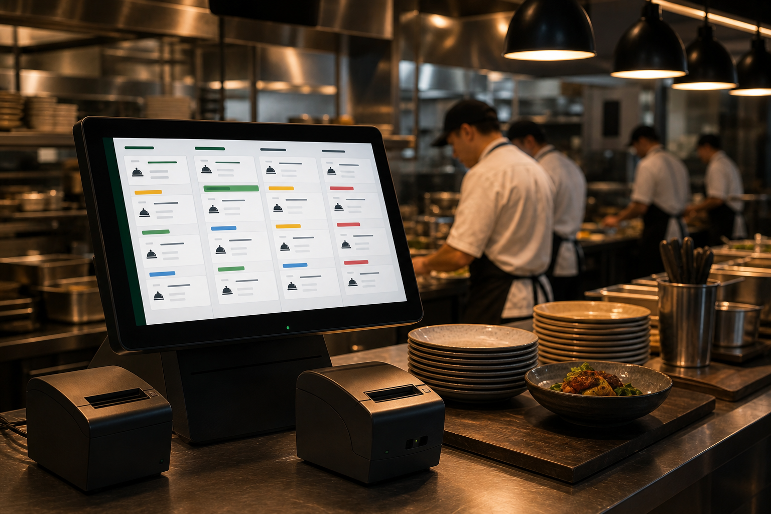 A modern restaurant kitchen with a digital kitchen display system (KDS) showing incoming orders on a bright screen, thermal printers nearby, chefs working at stations, warm lighting, professional food service environment, photorealistic style
