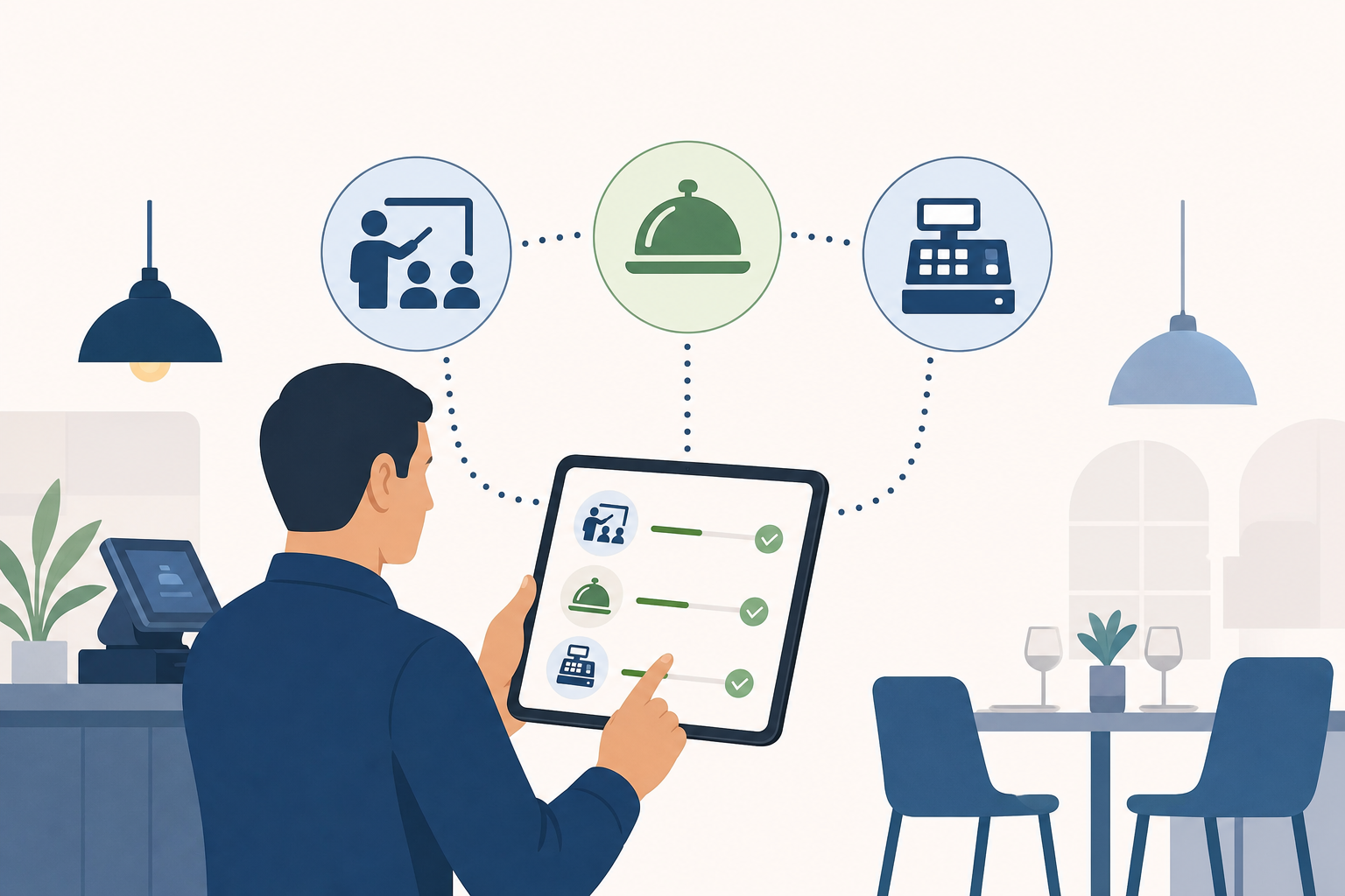 A flat-design illustration of a restaurant manager reviewing implementation steps on a tablet, with icons representing staff training, menu setup, and a POS terminal. Clean, professional color palette with blues and greens. No text overlays.