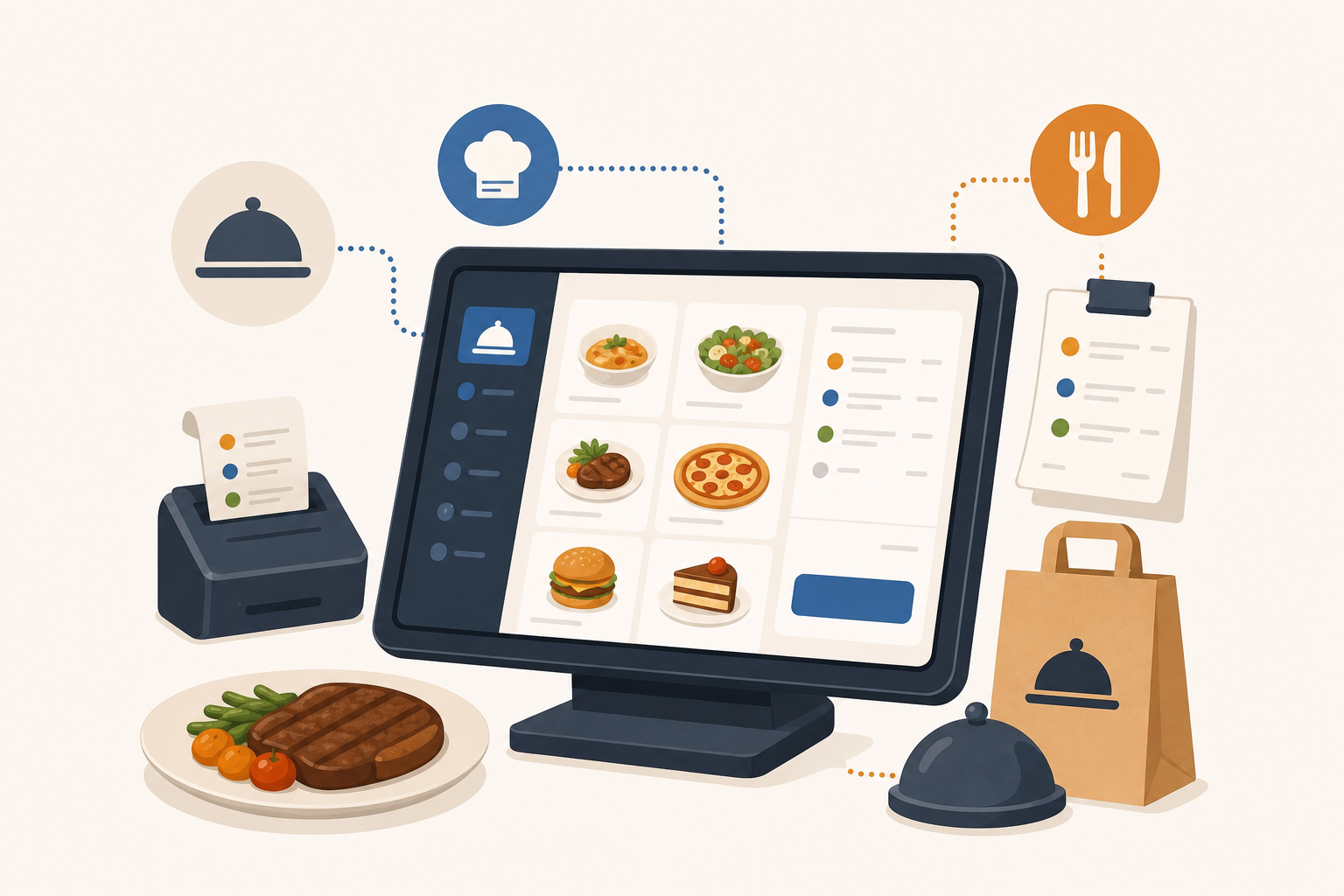 A clean, modern flat-design illustration showing a restaurant point-of-sale system on a tablet or screen, with restaurant icons like plates, menus, and order tickets flowing through a digital interface. Warm, professional color palette with blues and oranges. No text overlays.