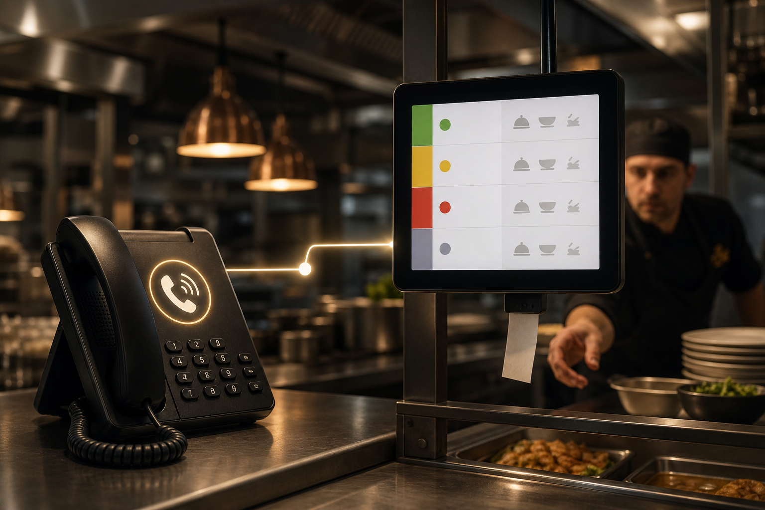 A clean, modern illustration showing the flow of a restaurant phone order landing on a kitchen display screen. On the left, a stylized phone handset with sound waves; in the center, a glowing connection line; on the right, a kitchen display system screen mounted above a busy restaurant pass, showing an order ticket with colored item rows and modifier icons. A chef in the background at the pass reaching for the ticket. Warm restaurant lighting, shallow depth of field, cinematic realistic photography style, sense of a smooth automated handoff from call to kitchen. No text, no words, no letters, no numbers, no signage.