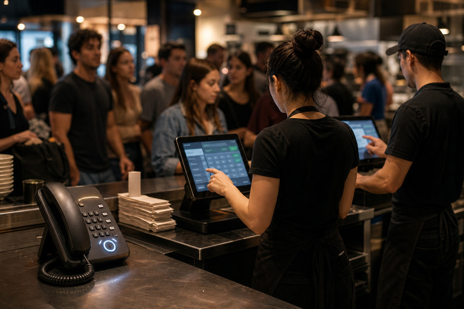 A busy independent restaurant counter during the Friday dinner rush, viewed from behind the counter. Two staff members ring up a line of walk-in customers at a point-of-sale tablet on a stand, hands full and focused on guests. A landline phone sits ringing on the counter nearby, unanswered and glowing, slightly out of reach. Warm evening lighting, a queue of blurred customers waiting, order tickets stacking up. Cinematic, realistic photography style, shallow depth of field, sense of controlled chaos. No text, no words, no letters, no signage.