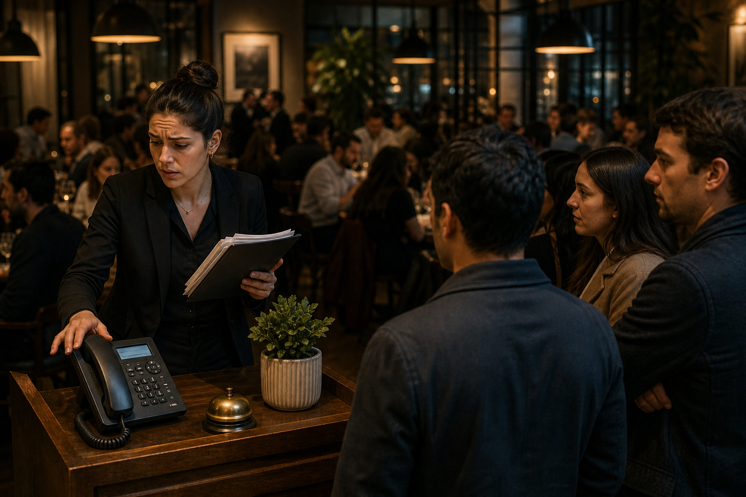 A busy upscale restaurant during peak dinner service, shown from a documentary photography perspective. A stressed host stands at a crowded host stand with several waiting guests, hands full, while a telephone sits ringing and unanswered nearby. Warm ambient restaurant lighting, blurred diners at tables in the background, sense of controlled chaos and a full dining room. Cinematic, realistic, shallow depth of field. No text, no words, no letters, no signage.