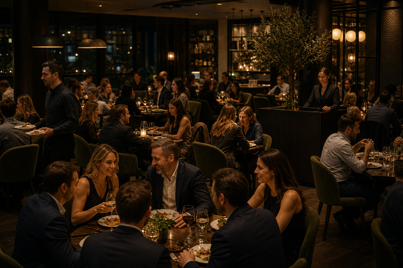 A warm, cinematic documentary photograph of a busy upscale restaurant dining room fully seated during peak evening service. Every table is occupied with happy diners enjoying meals, servers moving smoothly between tables carrying plates, a calm and composed host at a tidy host stand in the background. Golden ambient lighting, rich textures, a sense of a thriving, fully-booked room running smoothly. Realistic, shallow depth of field, no chaos. No text, no words, no letters, no signage, no numbers.
