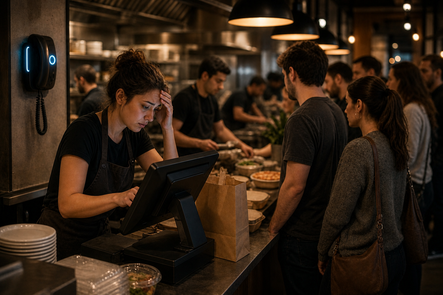 A busy restaurant counter during the Friday dinner rush, warm ambient lighting. A stressed staff member in an apron rings up customers at a point-of-sale terminal while a wall-mounted phone glows nearby, unanswered. A short line of waiting customers stands at the counter. Cinematic depth of field, realistic photographic style, sense of controlled chaos and time pressure. No text, no words, no letters anywhere in the image.