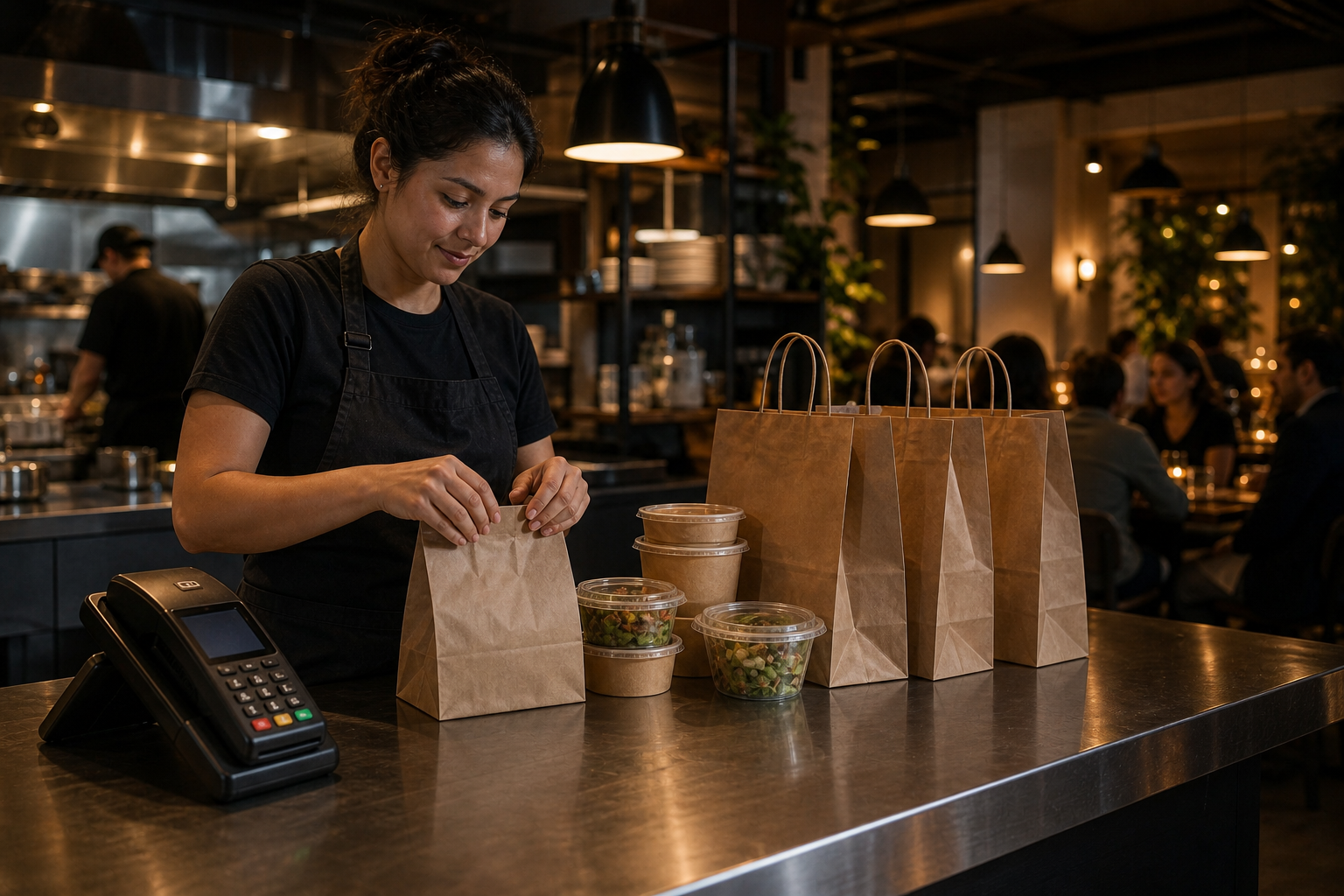 A warm, cinematic photographic scene inside a busy independent restaurant, focusing on the revenue and order flow theme. A calm staff member in an apron confidently prepares neatly bagged takeout and pickup orders lined up on a stainless steel counter, with a card payment terminal beside them. Soft ambient evening lighting, sense of steady control and healthy order volume during a dinner rush. Realistic depth of field, natural colors. No text, no words, no letters, no numbers anywhere in the image.
