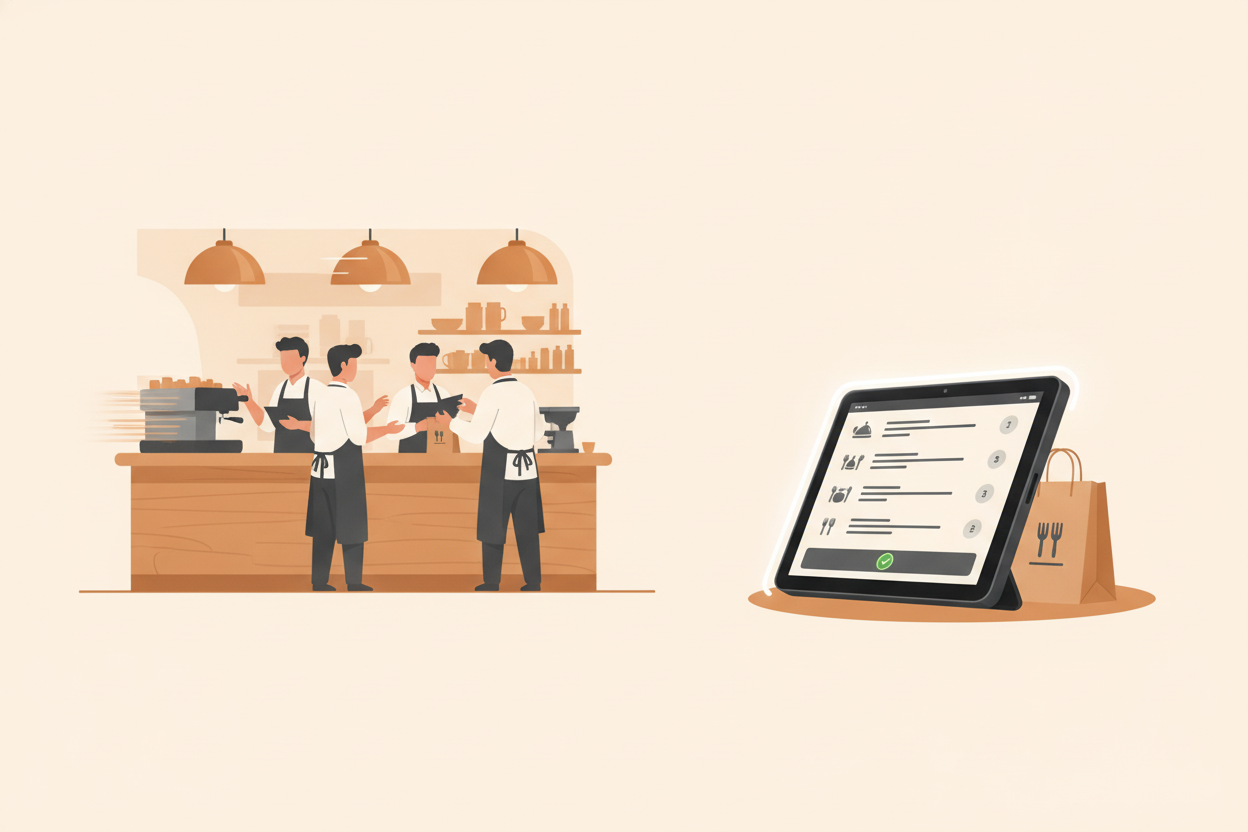 Split-screen illustration of a modern restaurant environment. Left side: a busy restaurant counter with staff taking orders, warm ambient lighting, slight motion blur suggesting rush hour. Right side: a sleek tablet POS system showing a restaurant order interface with clean UI. Flat illustration style with a modern, professional feel. Color palette: warm amber and charcoal tones with white accents. Wide landscape composition, no text overlays.
