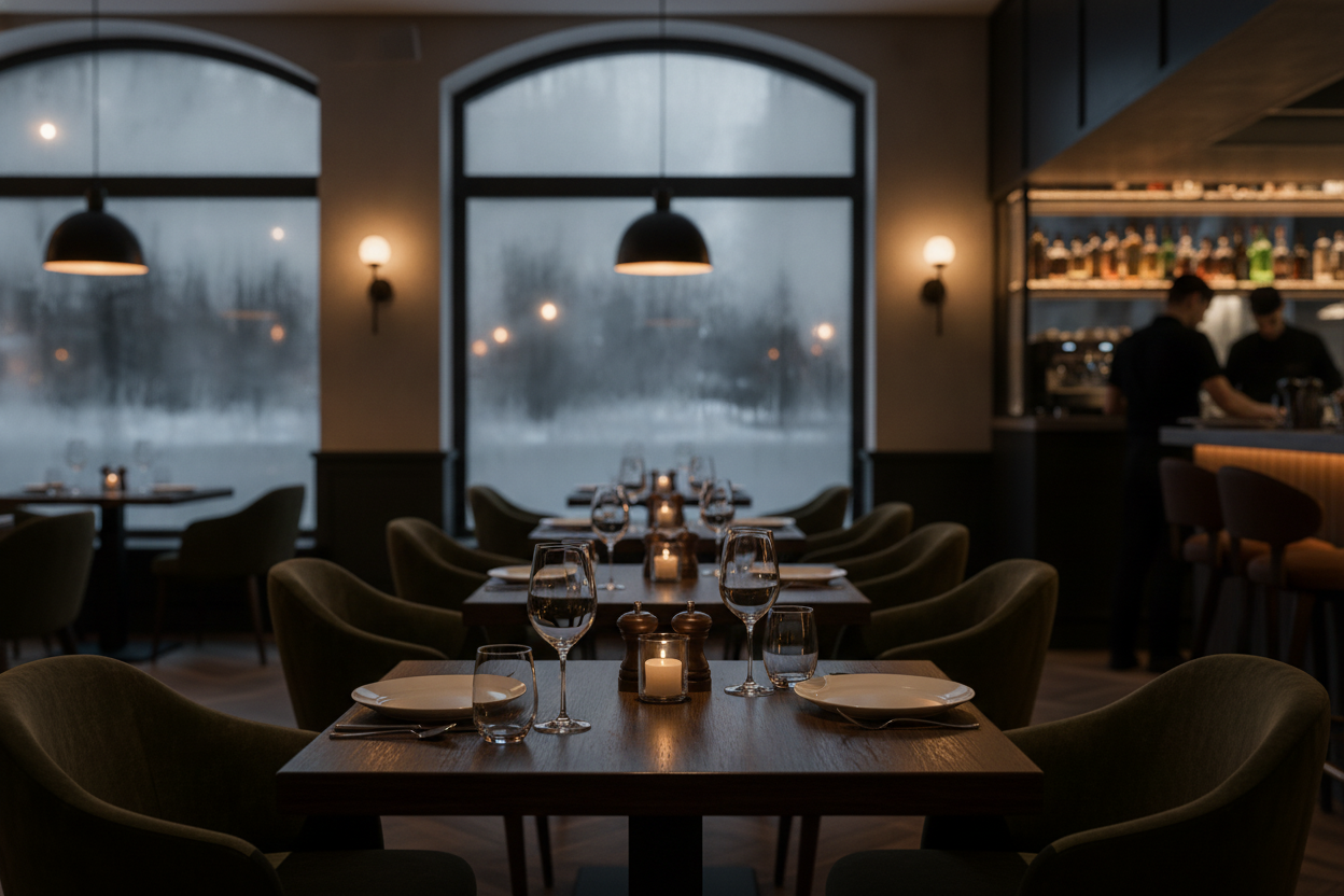 Editorial-style photo of a quiet restaurant interior during winter. Empty wooden tables set with glassware near large frosted windows. Soft warm amber lighting inside contrasts with a cold, grey winter street visible outside. A few staff members visible in the background. Moody, cinematic atmosphere. Wide shot composition.