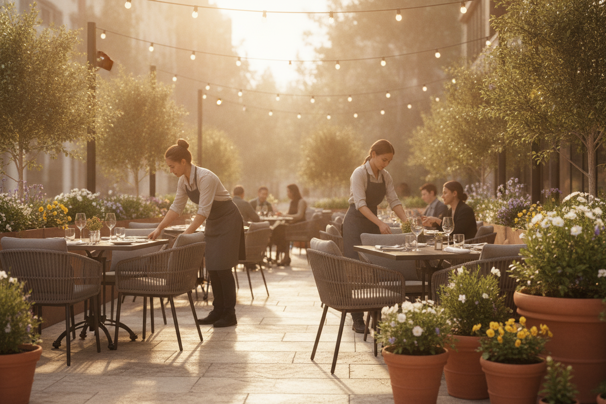 Editorial-style photo of a bright, airy restaurant patio in early spring. Staff arranging outdoor tables and chairs under string lights. Fresh potted plants and flowers line the perimeter. Warm golden afternoon sunlight. Guests visible in the background being seated. Cinematic wide shot, optimistic and inviting mood.