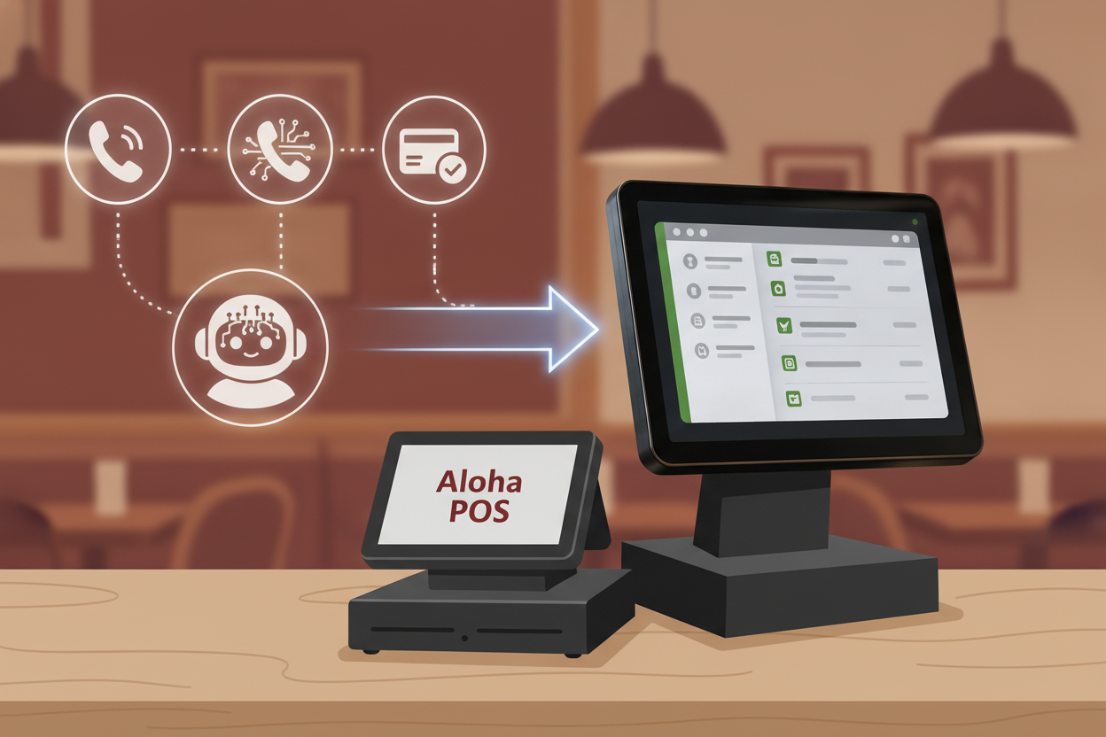 A clean flat illustration showing an AI voice agent connected by a flowing arrow line to an Aloha POS terminal, which then connects to a kitchen display screen showing a clean order ticket. Flat design style, warm restaurant palette.