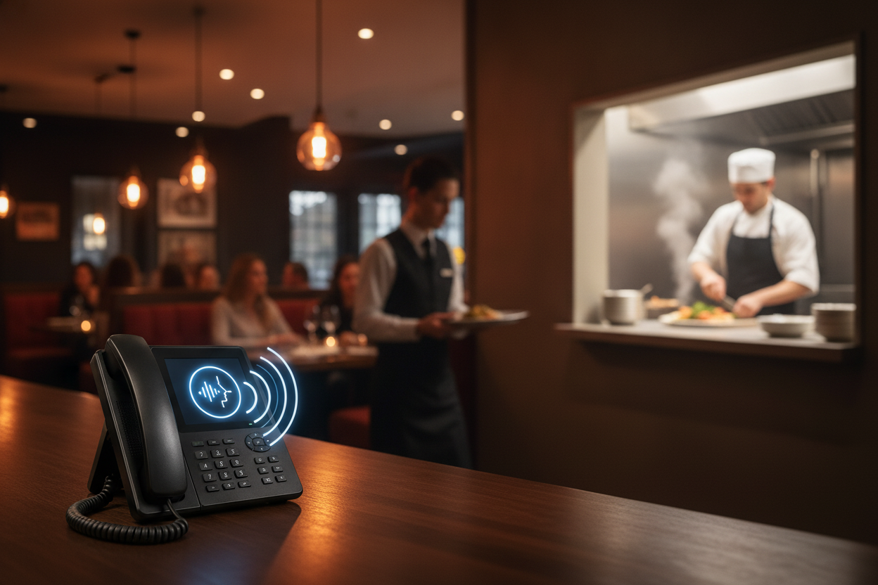 A flat illustration of a busy restaurant dinner rush. A phone on the counter is ringing with visible sound waves, but the staff — a server and a cook visible through a kitchen window — are fully occupied with in-house guests and plates. The phone goes unanswered. Warm restaurant interior lighting, booths and tables filled with diners in the background. Clean flat design style, muted warm color palette (deep reds, warm ambers, off-white), no text or labels.