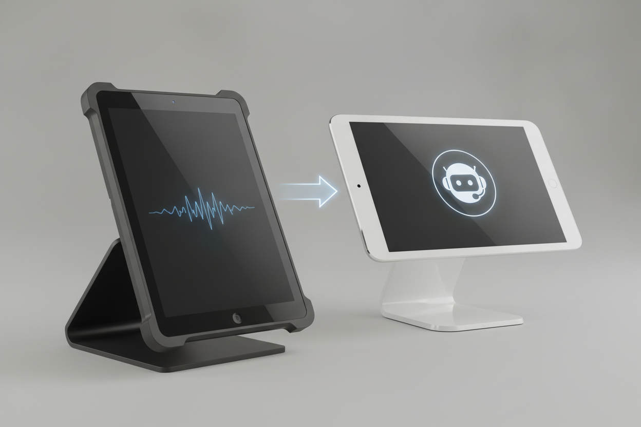 Flat lay product-style illustration of two restaurant POS terminals side by side on a clean neutral gray surface. Left terminal is a sleek black Android tablet mounted on a stand with a spill-resistant casing, representing a restaurant-grade device. Right terminal is a more polished, rounded white tablet on a compact stand with a modern consumer design. Soft studio lighting, shallow depth of field, no text or brand logos, photorealistic style, cinematic mood.