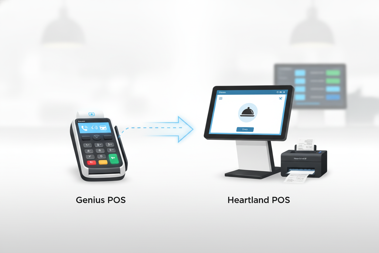 A clean, professional side-by-side comparison illustration of two POS systems for restaurants and retail. Left side labeled "Genius POS" shows a sleek modern payment terminal with contactless payment icons (chip, tap, mobile wallet). Right side labeled "Heartland POS" shows a full countertop POS station with a touchscreen display, receipt printer, and kitchen display in the background. Flat design style, blue and gray color palette, white background, no text other than the two labels.