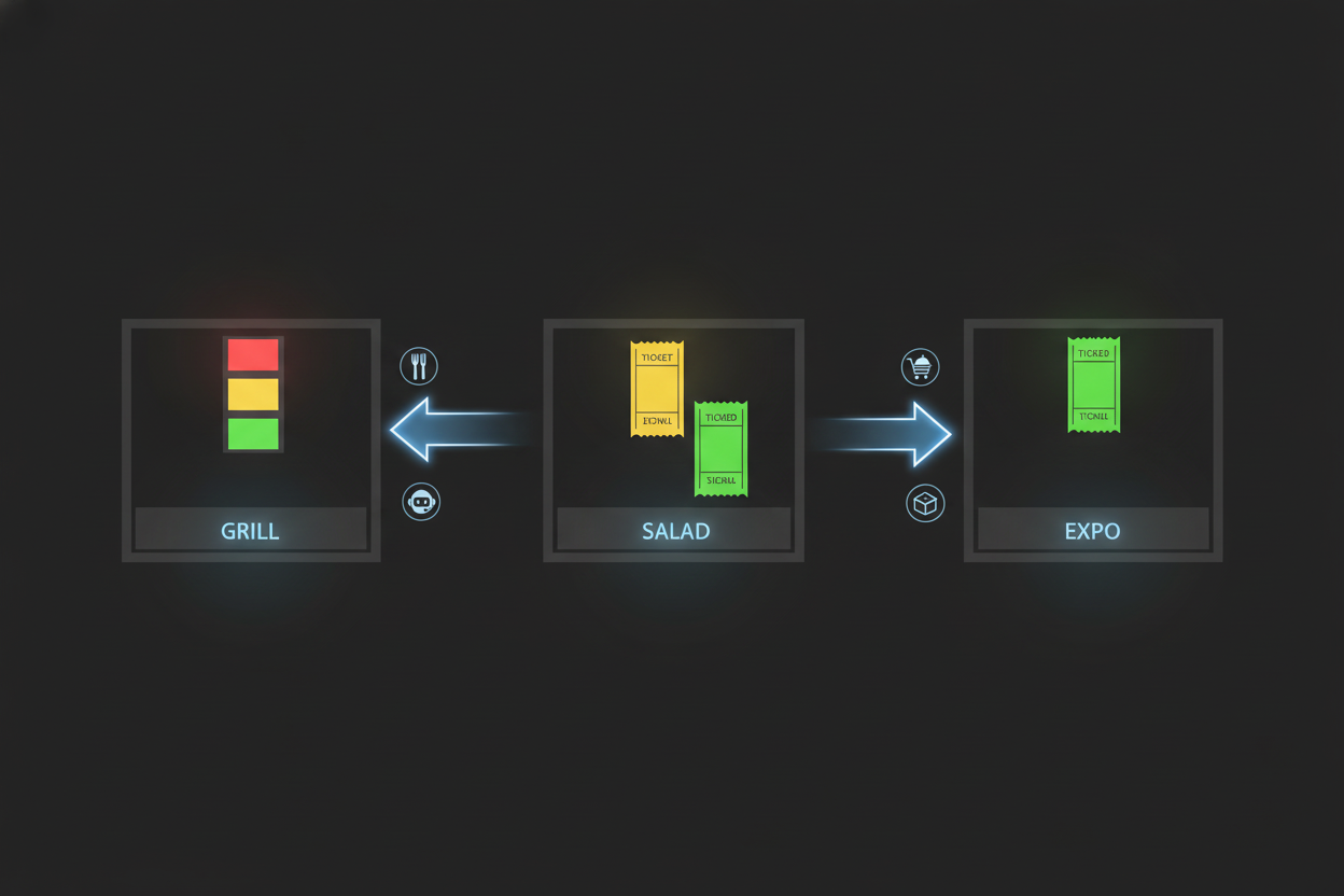 A top-down flat-lay illustration of a restaurant kitchen floor plan showing three stations (grill, salad, expo) each with a glowing digital display screen showing color-coded ticket queues. Arrows indicate order routing flow between stations. Clean, minimal infographic style with a dark background and bright accent colors (green, yellow, red for ticket status). Professional restaurant technology marketing aesthetic.