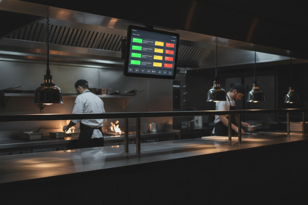 A commercial restaurant kitchen with a bright KDS (Kitchen Display System) touchscreen mounted above the cook line, showing a color-coded digital ticket queue. Green tickets for fresh orders, yellow for approaching target time, red for late tickets. Modern stainless steel kitchen environment, warm overhead lighting, professional photography style, realistic and practical atmosphere.