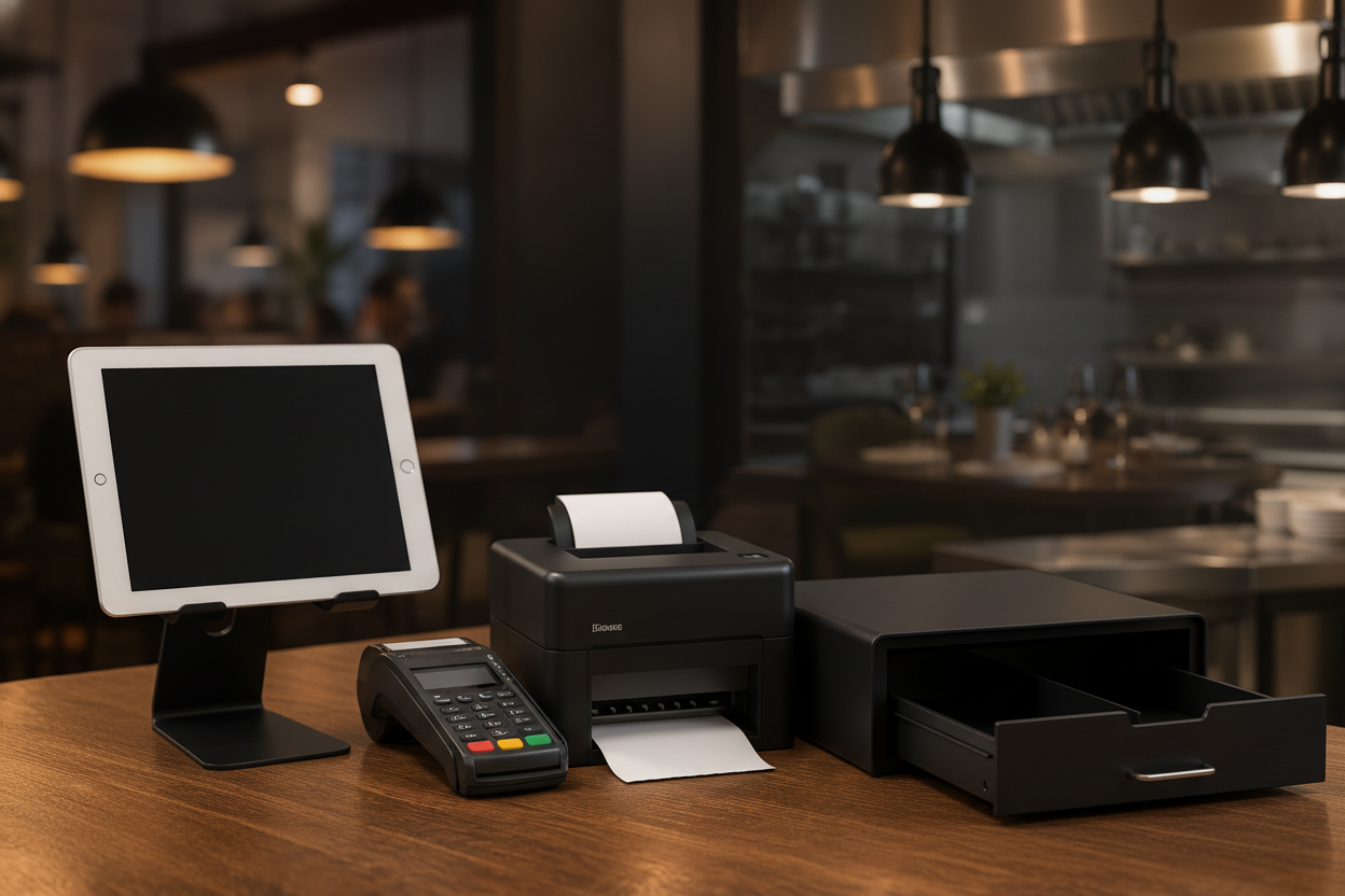 A clean flat-lay illustration of restaurant POS hardware components: an iPad on a countertop stand, a credit card reader, a receipt printer, and a cash drawer, arranged neatly on a restaurant counter with warm ambient lighting. Modern, professional style with muted earth tones.