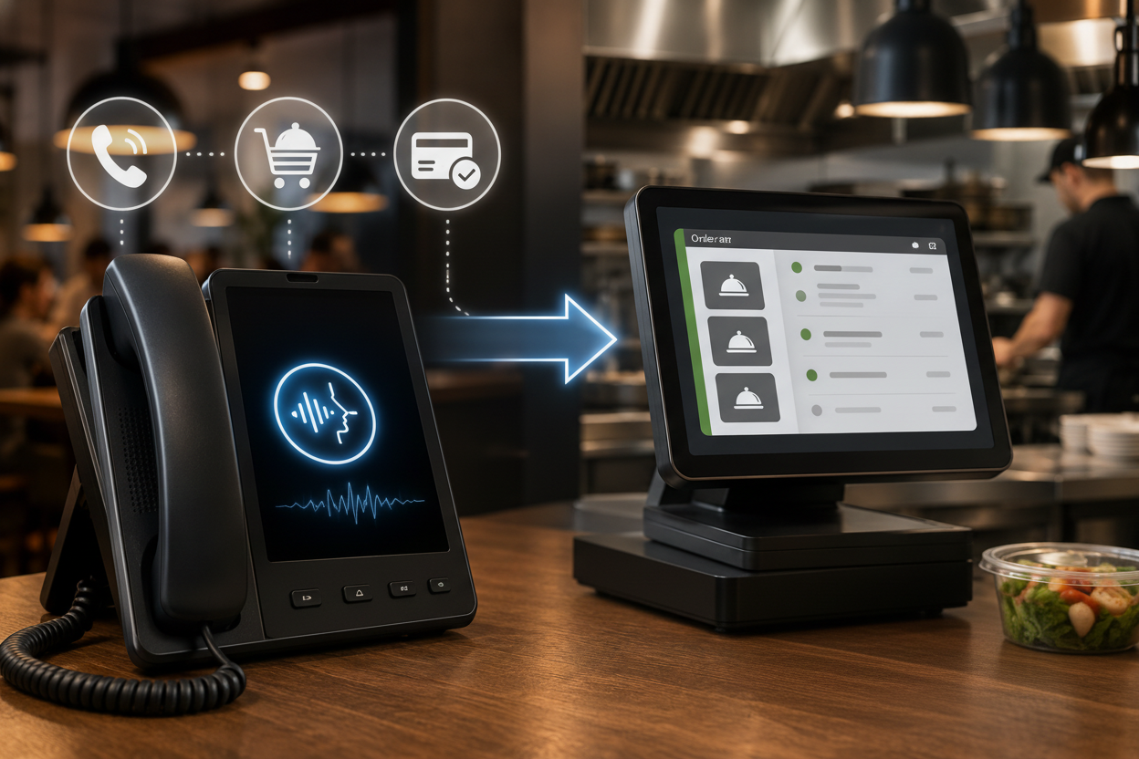 A sleek illustration showing a smartphone with a voice wave icon on the screen connected by a glowing line to a restaurant POS terminal on a counter, representing an AI phone agent syncing with a POS system. Warm restaurant ambient lighting in the background, modern flat illustration style with muted earth tones and subtle blue accent for the digital connection.