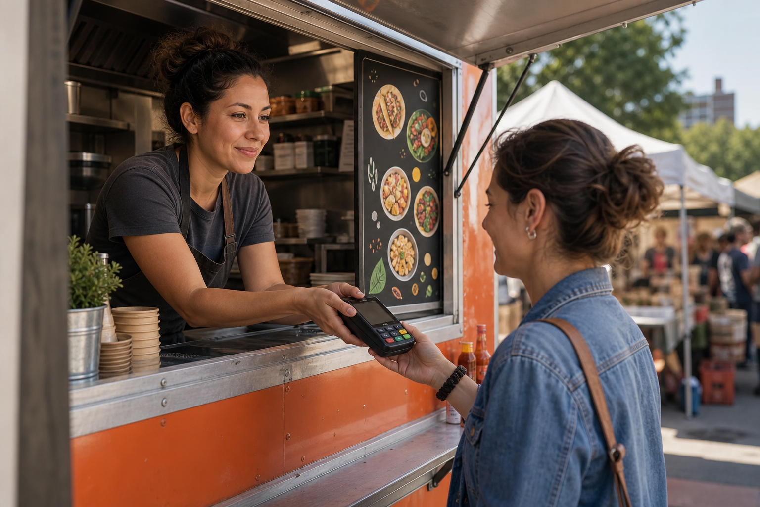 A food truck operator at a service window handing a card reader to a customer at an outdoor weekend market. The operator is focused, confident, wearing a casual apron. Bright natural daylight, food truck with a colorful menu board visible in the background. Other market stalls softly blurred in the distance. Warm, candid, street-food atmosphere. Horizontal wide composition, photorealistic style.