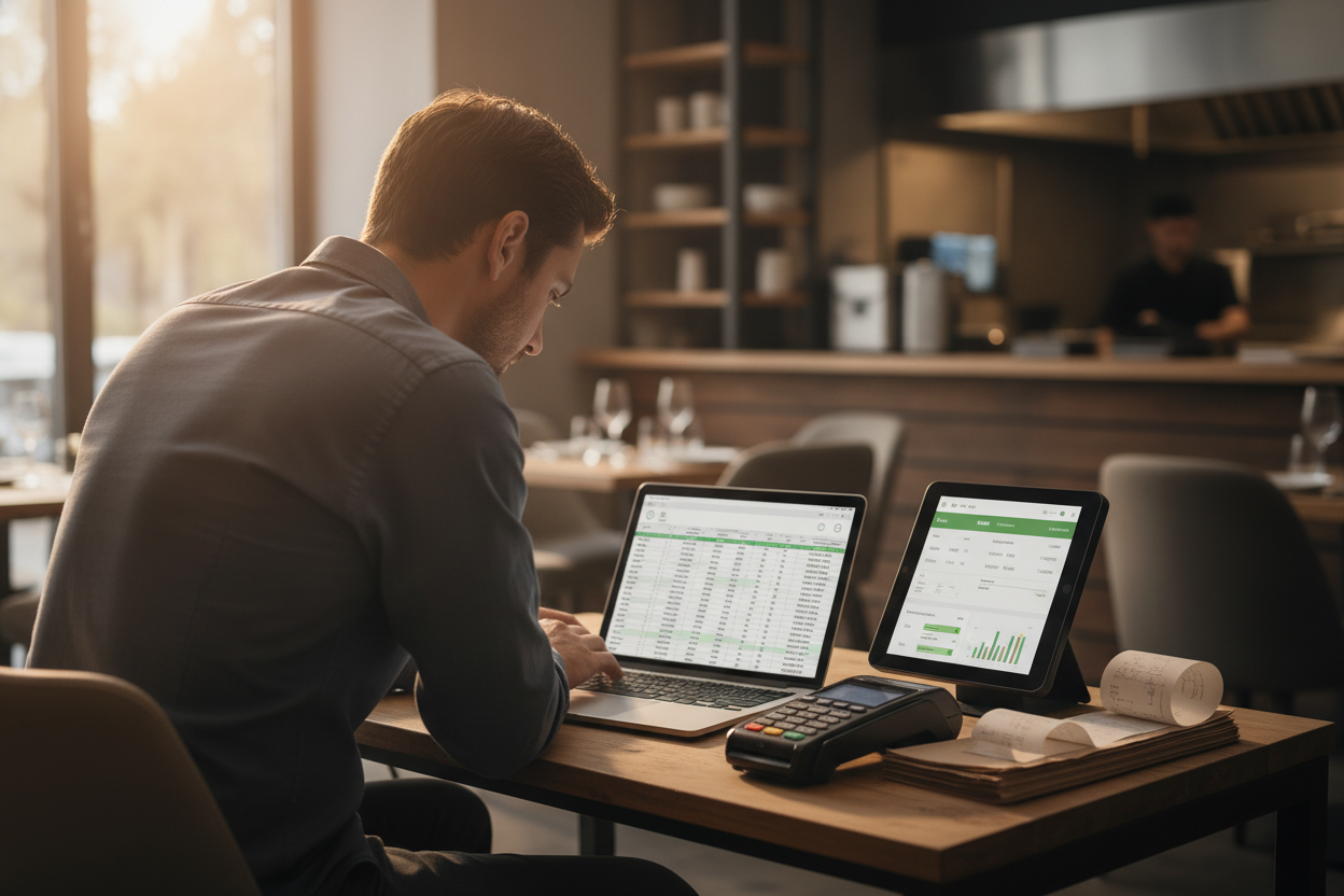 A restaurant owner at a small back-office desk reviewing a monthly statement on a laptop and a tablet POS terminal, a card reader and a stack of receipts beside them, warm natural light, shallow depth of field, modern editorial photo style. No text, no letters, no numbers, no logos in the image.