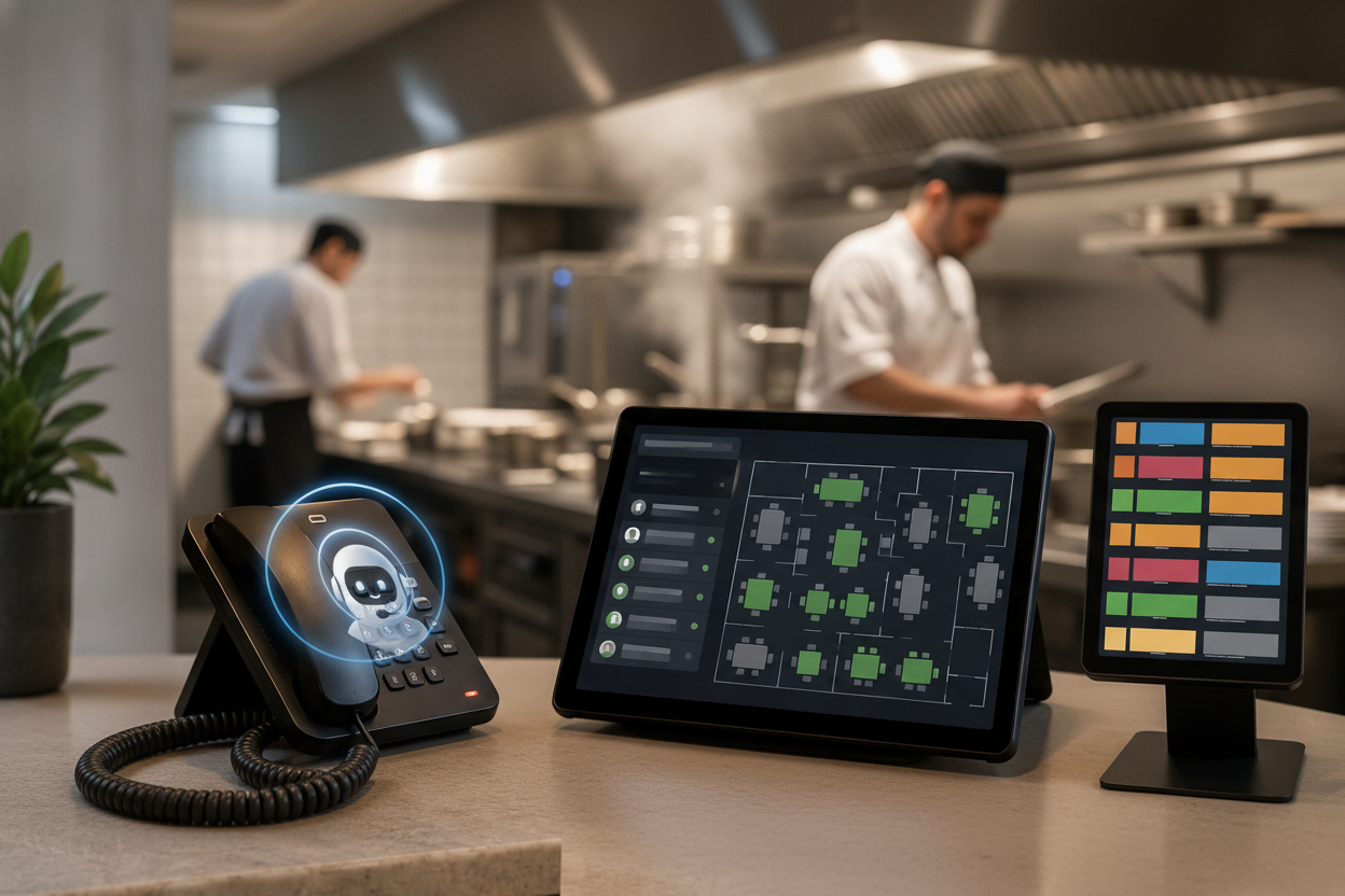 A busy restaurant counter during dinner rush: a landline-style phone ringing on the counter beside a point-of-sale touchscreen and a kitchen display screen full of tickets, warm lighting, shallow depth of field, modern editorial photo style. No text, no letters, no numbers, no logos in the image.