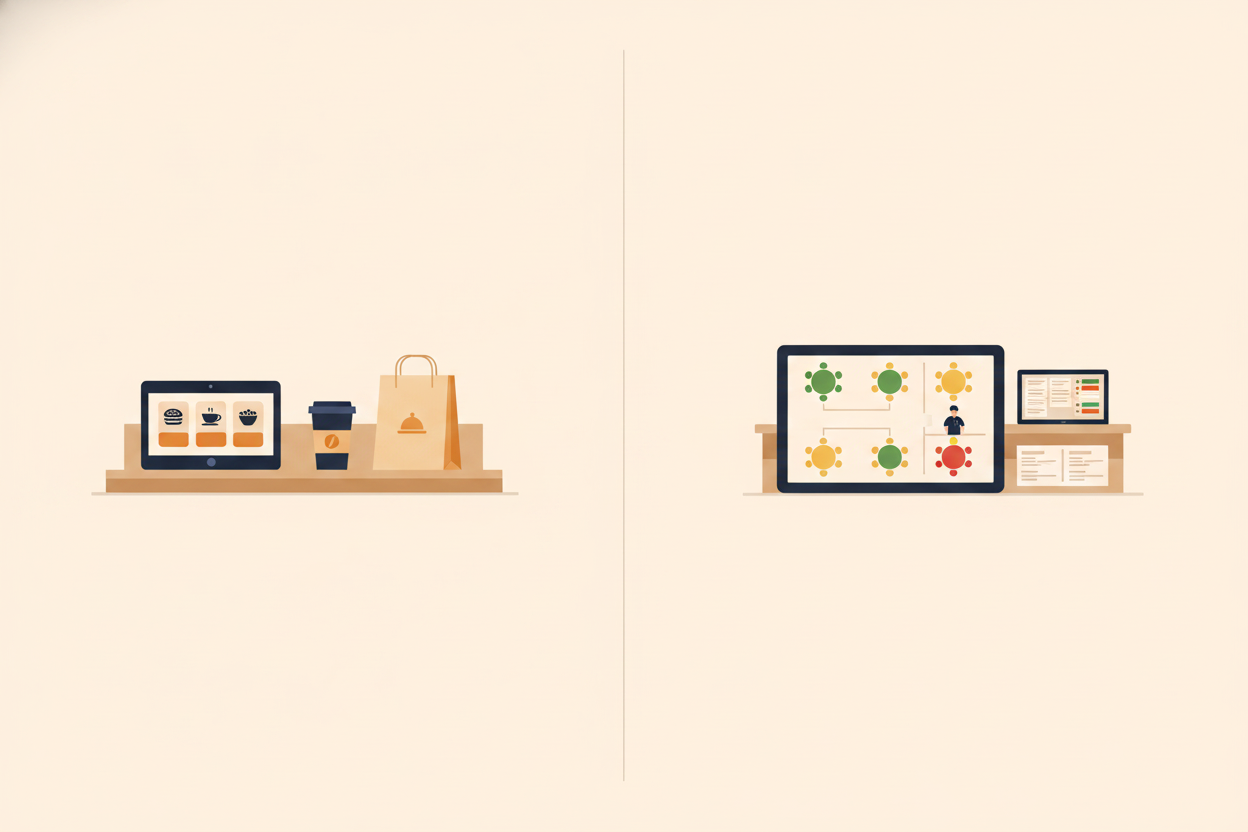 Clean modern flat vector illustration, wide 16:9 split composition comparing two restaurant point-of-sale setups. Left half: a compact counter-service scene with a single tablet POS on a counter showing a few large simple item buttons, a coffee cup and a takeout bag beside it, calm and minimal. Right half: a full-service dining room seen from above as a table floor plan on a tablet, with round and square tables in different status colors (green, yellow, red), a server figure nearby, and a small kitchen display screen with ticket cards in the background. A thin vertical divider separates the halves. Warm neutral background, soft shadows, palette of deep navy, warm orange accents and cream. No text, no letters, no numbers, no logos, no brand marks.