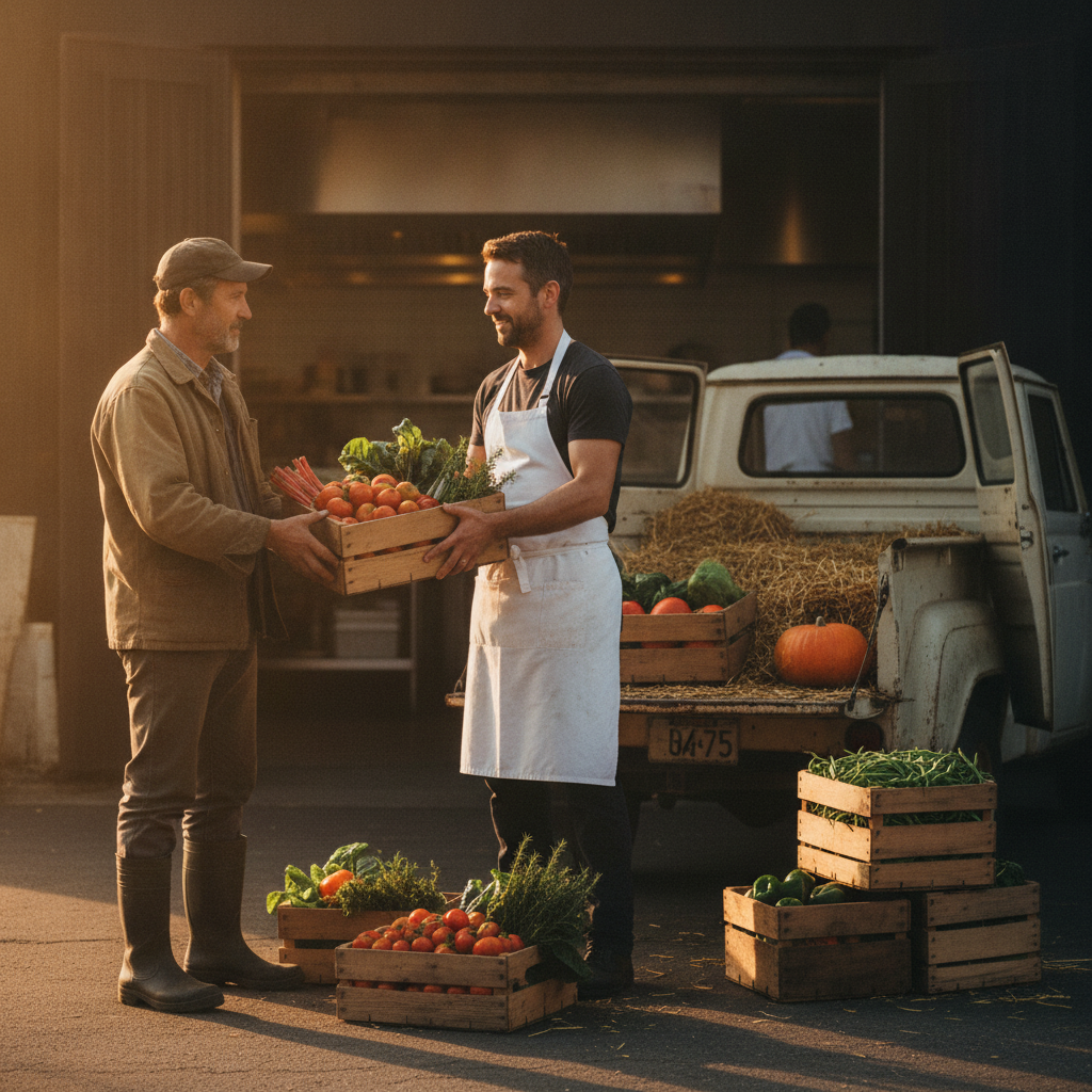 A local farmer hands a crate of heirloom tomatoes, chard and herbs to a chef at a restaurant kitchen back door at sunrise
