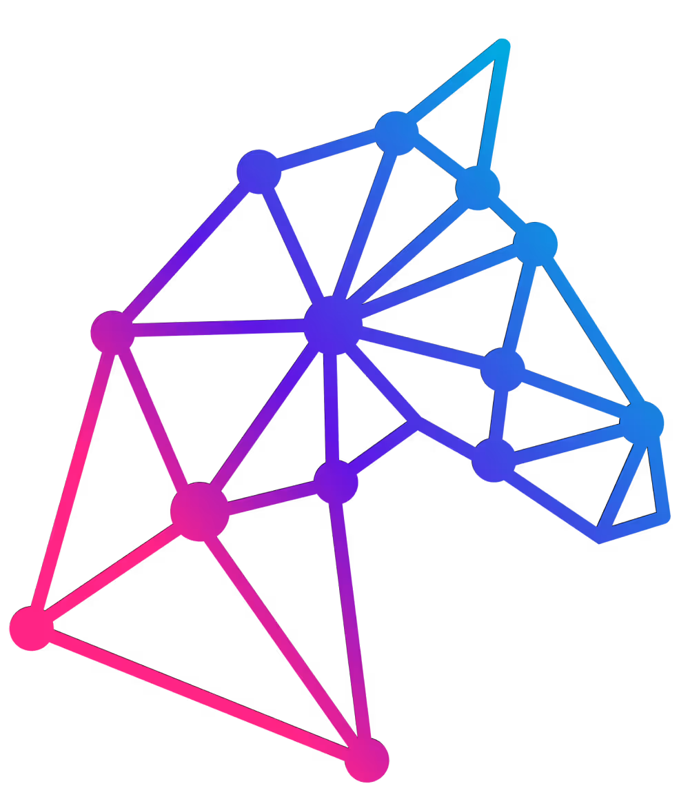 Abstract geometric network of interconnected nodes with gradient colors from pink to blue on black background.