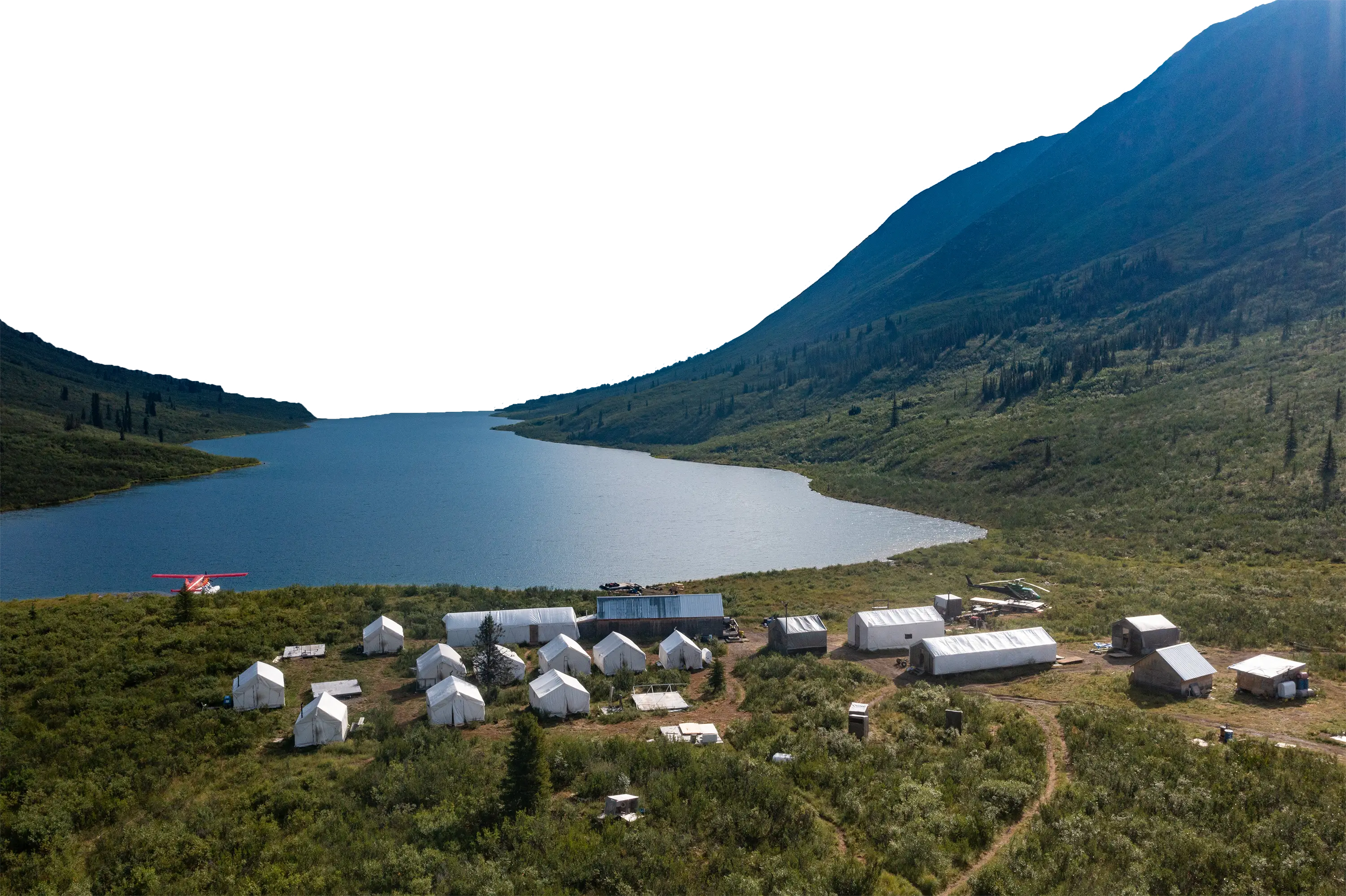 mining camp site with lake