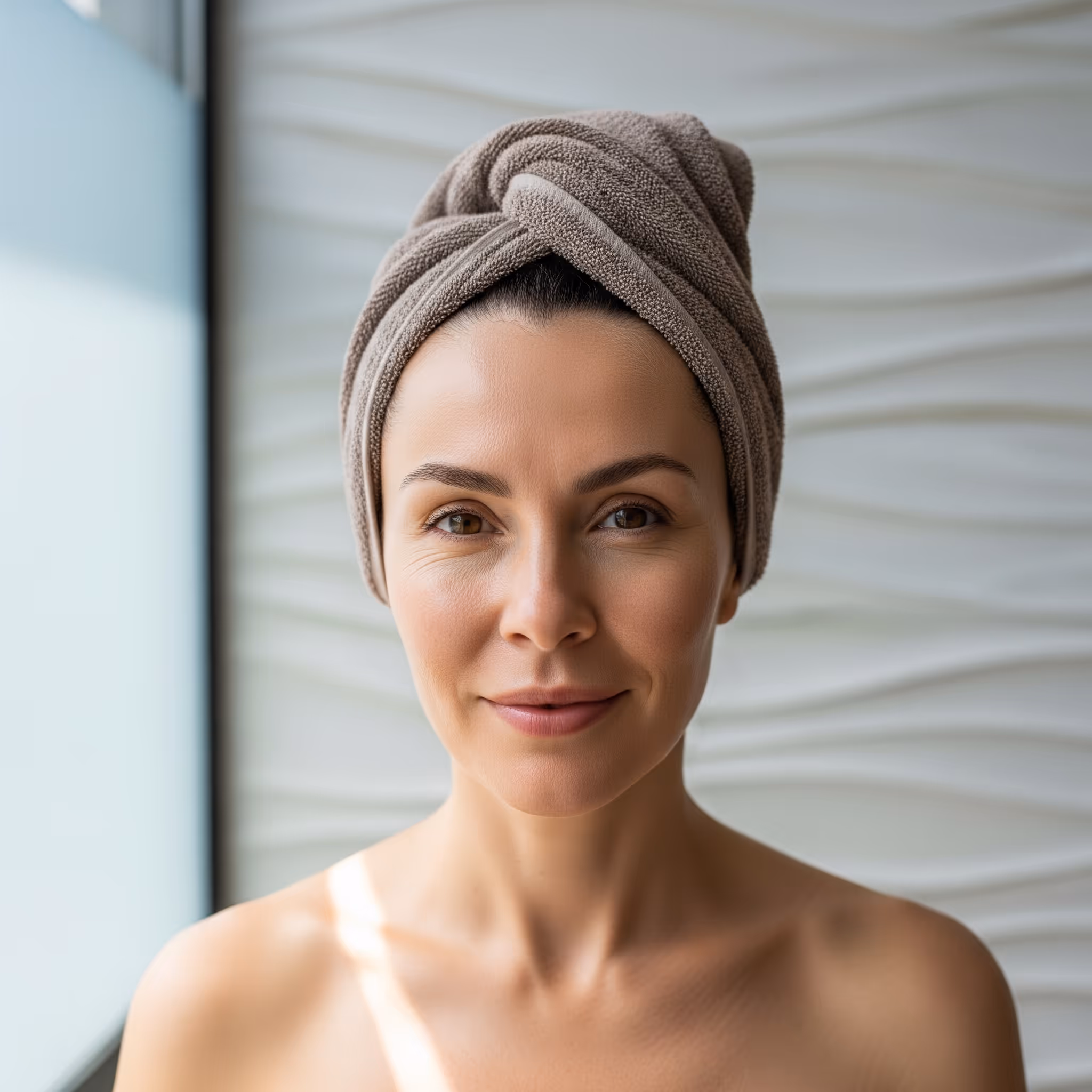 Woman smiling post-treatment in spa towel wrap