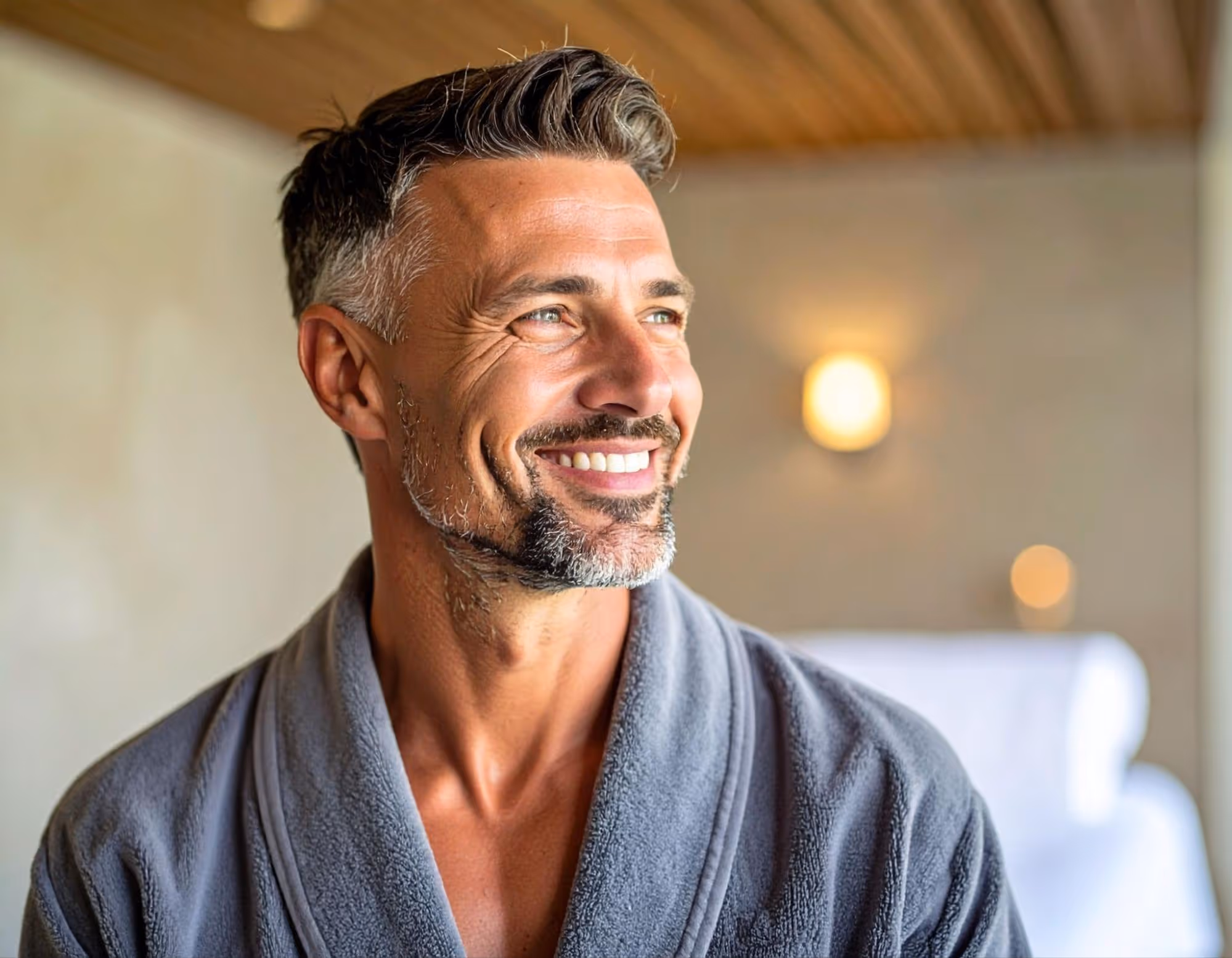 middle aged man smiling looking side