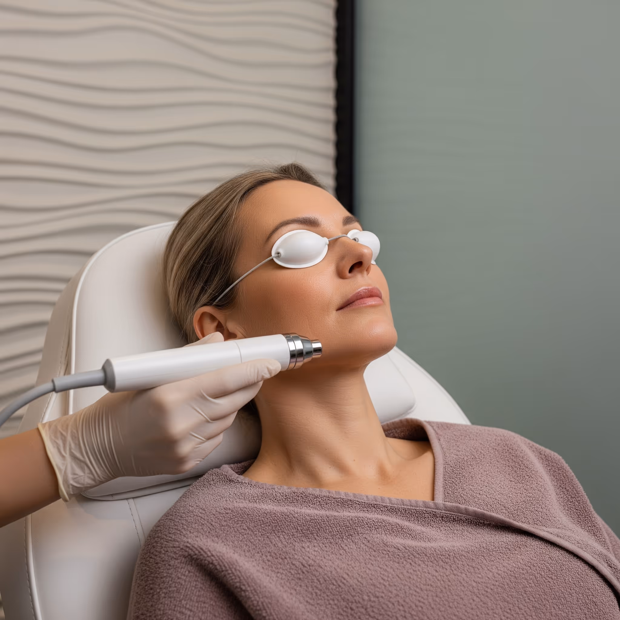 Laser resurfacing treatment in progress with protective eyewear