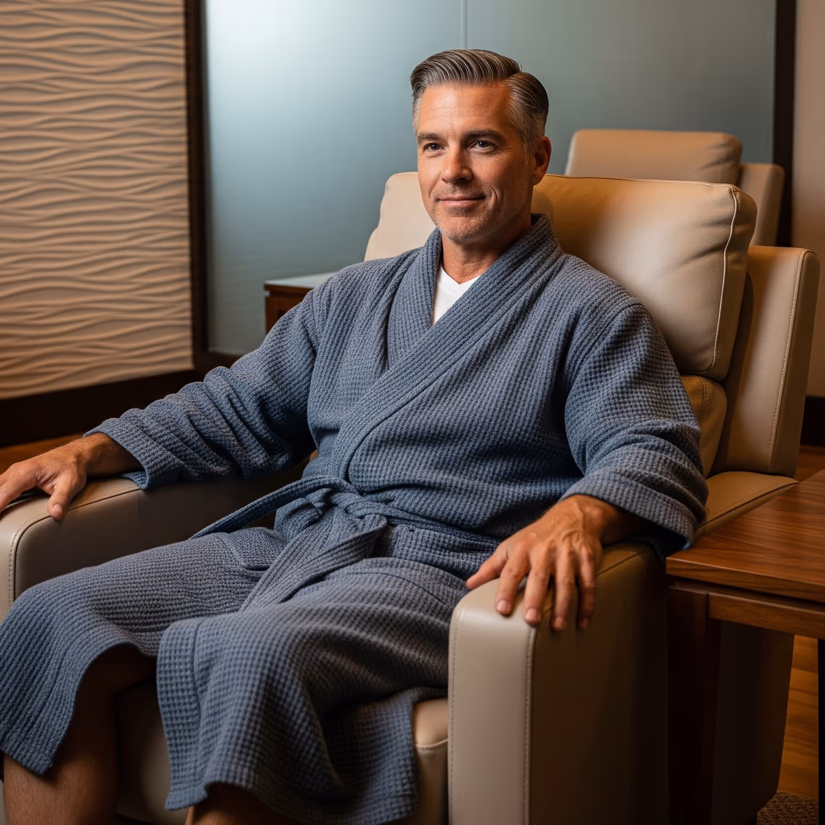 Man seated in a private IV chair wearing a spa robe at ThrIVwell